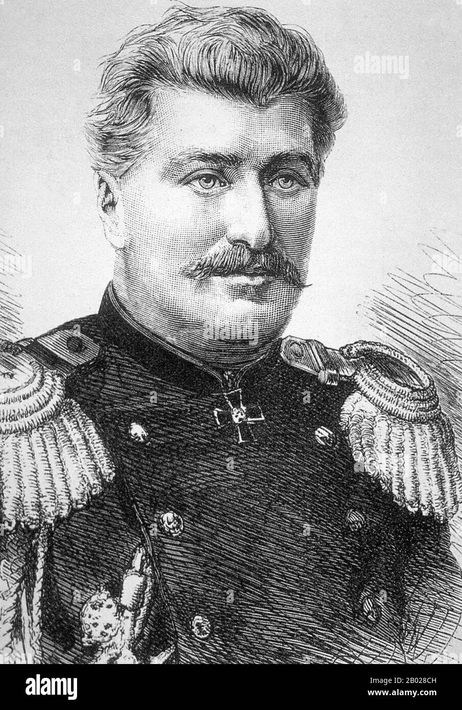 Russland: General Nikolai Michailovic Prejevalsky (31. März 1839 bis 20. Oktober 1888), zentralasiatischer Entdecker. Gravurporträt, um 1880er Jahre Nikolai Michailowitsch Przhevalski, auch Transliteration von Przewalski (polnischer Stil) und Prjevalski, war ein russischer Geograph mit polnischem Hintergrund und ein bekannter Entdecker Zentral- und Ostasiens. Obwohl er sein Ziel, die heilige Stadt Lhasa in Tibet, nie erreichte, reiste er durch Gebiete, die damals noch im Westen unbekannt waren, wie Nordtibet, das moderne Qinghai und Dzungaria (Nord-Xinjiang). Stockfoto