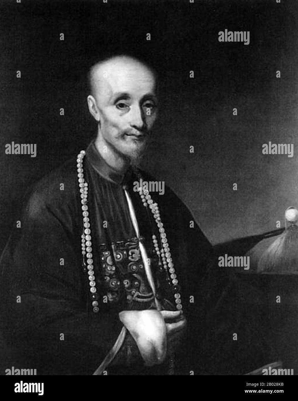 China: Howqua, richtiger Name Hong Bingjian (1769–4. September 1843), Kaufmann aus Hongkong im Kanton. Ölgemälde auf Leinwand von Lam qua (1801-1860), um 1830-1840. Howqua war der wichtigste Kaufmann in den dreizehn Fabriken in Hongkong, Leiter des E-wo hong und Leiter des Kantons Cohong. Er war einst einer der reichsten Männer der Welt und machte seinen Reichtum während des Ersten Opiumkrieges. Geboren in Fujian, China, war er im Westen als Howqua (der zweite) bekannt. Sein Vater Wu Guorong war ebenfalls Howqua (der erste) und Gründer des Familienunternehmens. Stockfoto