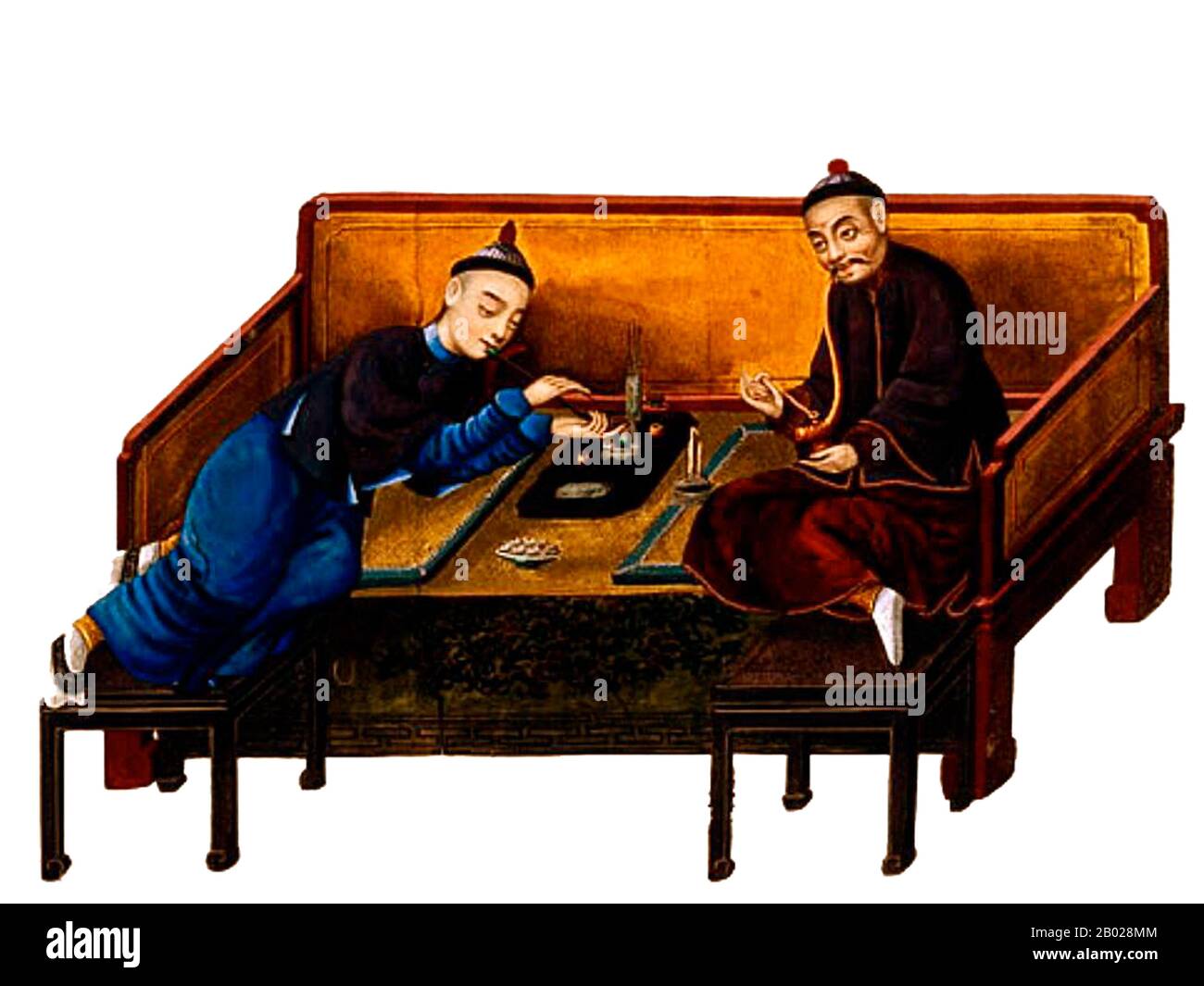 China: Zwei gut zu machende Opiumraucher. Gouachemalerei, Mitte des 19. Jahrhunderts. Opiummohn, Papaver somniferum, ist die Pflanzenart, aus der Opium und Mohn gewonnen werden. Opium ist die Quelle vieler Opiate, einschließlich Morphin, Thebain, Codein, Papaverin, und Noscapin. Der lateinische botanische Name bedeutet „schlafenden Mohn“ und bezieht sich auf die sedierenden Eigenschaften einiger dieser Opiate. Stockfoto