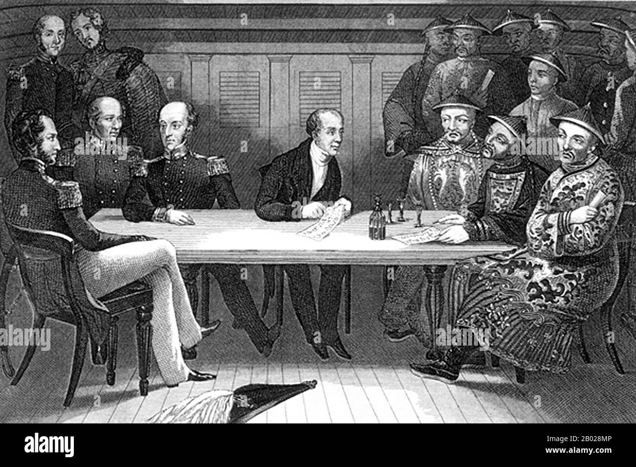 China/UK: Britische und chinesische Beamte an Bord der HMS Wellesley einen Tag vor der Eroberung Chusans im Ersten Opiumkrieg. Karl Gützlaff (Mitte) diente als Dolmetscher, Commodore Sir James John Gordon Bremer und der chinesische Admiral Zhang Chaofa (Gouverneur von Chusan) mit seinen Chefmandarinen. Zeichnung von Sir Harry Darell, um 1842. Die erste Eroberung Chusans durch britische Truppen in China fand am 5-6. Juli 1840 während des Ersten Opiumkrieges (1839–1842) statt. Die Briten eroberten Chusan, die größte Insel eines Archipels dieses Namens. Stockfoto China/UK: Britische und chinesische Beamte an Bord der HMS Wellesley einen Tag vor der Eroberung Chusans im Ersten Opiumkrieg. Karl Gützlaff (Mitte) diente als Dolmetscher, Commodore Sir James John Gordon Bremer und der chinesische Admiral Zhang Chaofa (Gouverneur von Chusan) mit seinen Chefmandarinen. Zeichnung von Sir Harry Darell, um 1842. Die erste Eroberung Chusans durch britische Truppen in China fand am 5-6. Juli 1840 während des Ersten Opiumkrieges (1839–1842) statt. Die Briten eroberten Chusan, die größte Insel eines Archipels dieses Namens. Stockfoto