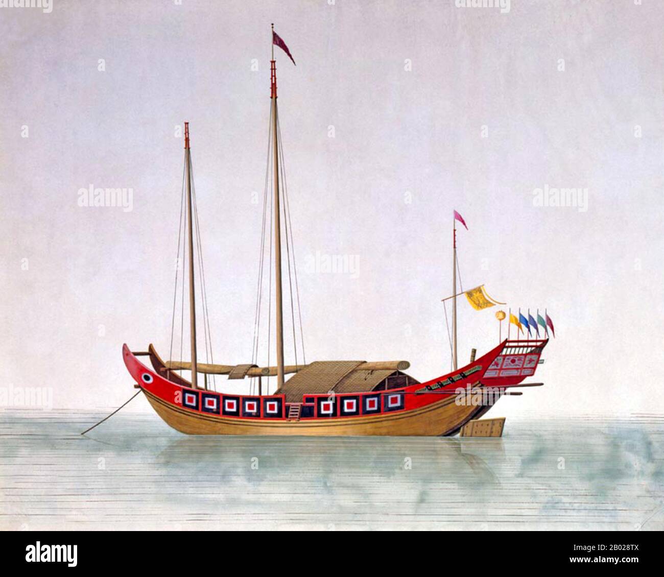Ein Junk ist ein altes chinesisches Segelschiffdesign, das noch heute verwendet wird. Junks wurden während der Han-Dynastie (206 v. u. z. - 220 u. z.) entwickelt und bereits im 2. Jahrhundert als Seeschiffe eingesetzt. Sie entwickelten sich in den späteren Dynastien und wurden in ganz Asien für umfangreiche Ozeanfahrten verwendet. Sie wurden in ganz Südostasien und Indien, aber vor allem in China, vielleicht am berühmtesten in Hongkong, gefunden und in geringerer Zahl noch gefunden. Stockfoto