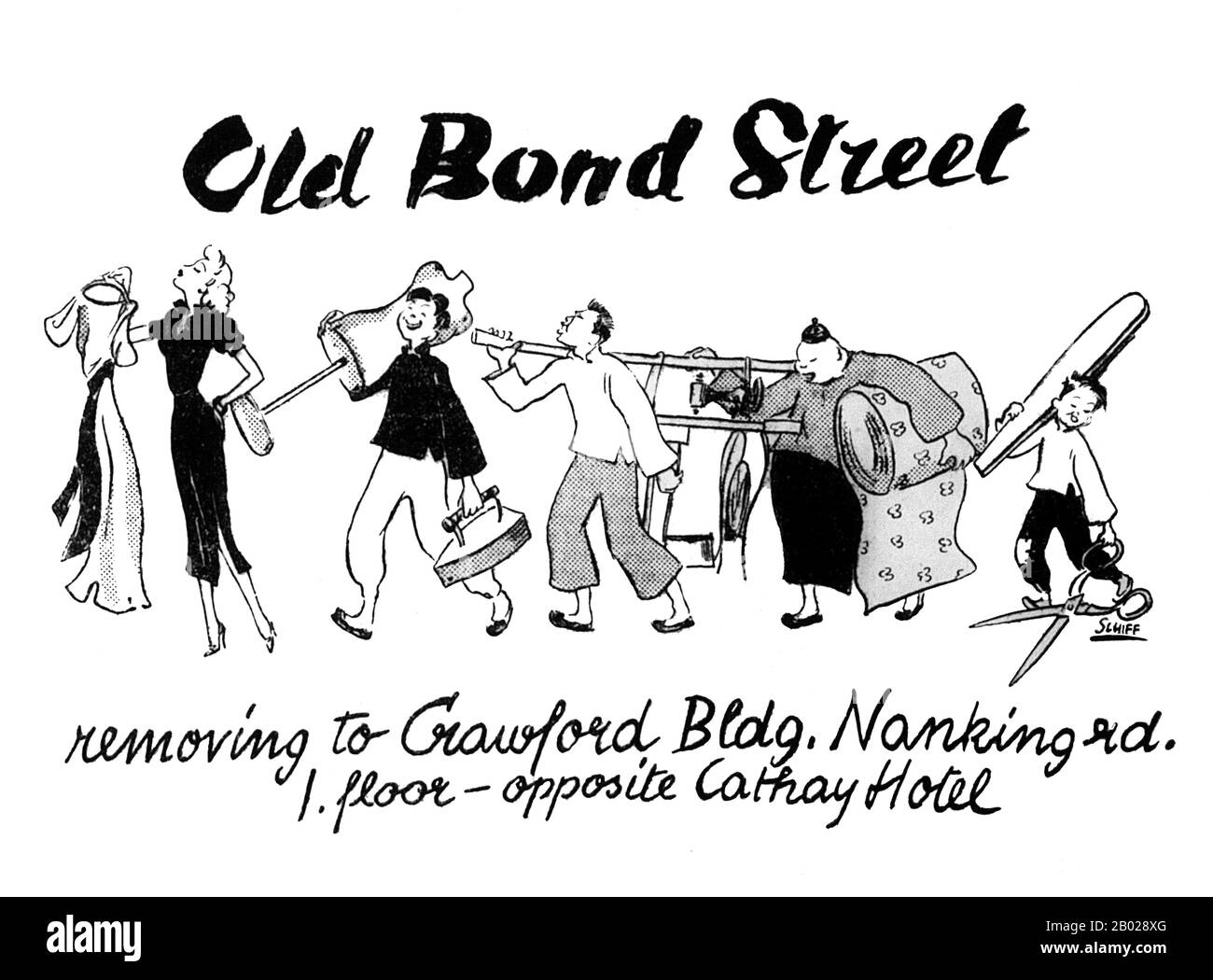 China: Werbung für „Old Bond Street“-Modegeschäft in Shanghai. Illustration von Friedrich Schiff (6. November 1908 - 23. März 1968), um 1930er Jahre Eine Zeichnung des österreichischen Künstlers Friedrich Schiff, der in den 1930er Jahren in Shanghai lebte Seine Bilder veranschaulichen die Atmosphäre und den Nachlass, die das alte Shanghai auszeichnete und die durch die japanische Invasion (1937) und die kommunistische Revolution (1949) bald zu einem abrupten Ende gebracht werden sollte. Stockfoto