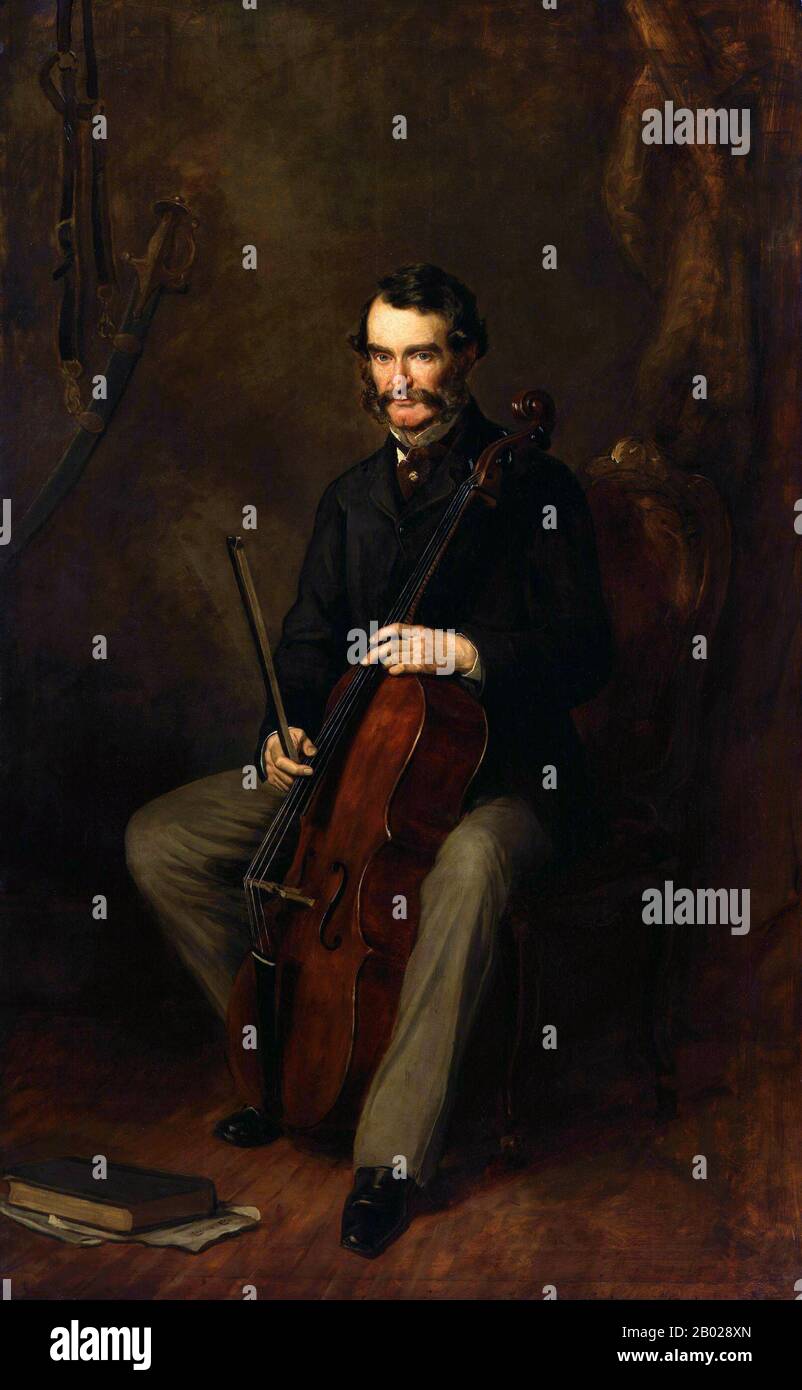 Großbritannien/China: Sir James Hope Grant GCB (1808–1875), Cellospiel. Er war Kommandeur der britischen Truppen in China und Hongkong während des Zweiten Opiumkrieges (1859–1860). Öl auf Leinwand Porträt von Francis Grant (1803-1878), um 1861. Sir James Hope Grant GCB, britischer General, war der fünfte und jüngste Sohn von Francis Grant aus Kilgraston, Perthshire, und Bruder von Sir Francis Grant, Präsident der Royal Academy. Er trat 1826 als Kornett in die British Army ein und wurde 1828 Leutnant und 1835 Kapitän. Stockfoto