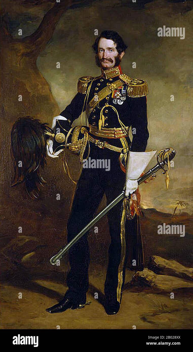 Großbritannien/China: General Sir James Hope Grant GCB (1808–1875) als Lieutenant-Colonel der 9. Lancers. Er war Kommandeur der britischen Truppen in China und Hongkong während des Zweiten Opiumkrieges (1859–1860). Öl auf Leinwand Porträt von Francis Grant (1803-1878), 1853. Sir James Hope Grant GCB, britischer General, war der fünfte und jüngste Sohn von Francis Grant aus Kilgraston, Perthshire, und Bruder von Sir Francis Grant, Präsident der Royal Academy. Er trat 1826 als Kornett in die British Army ein und wurde 1828 Leutnant und 1835 Kapitän. Stockfoto