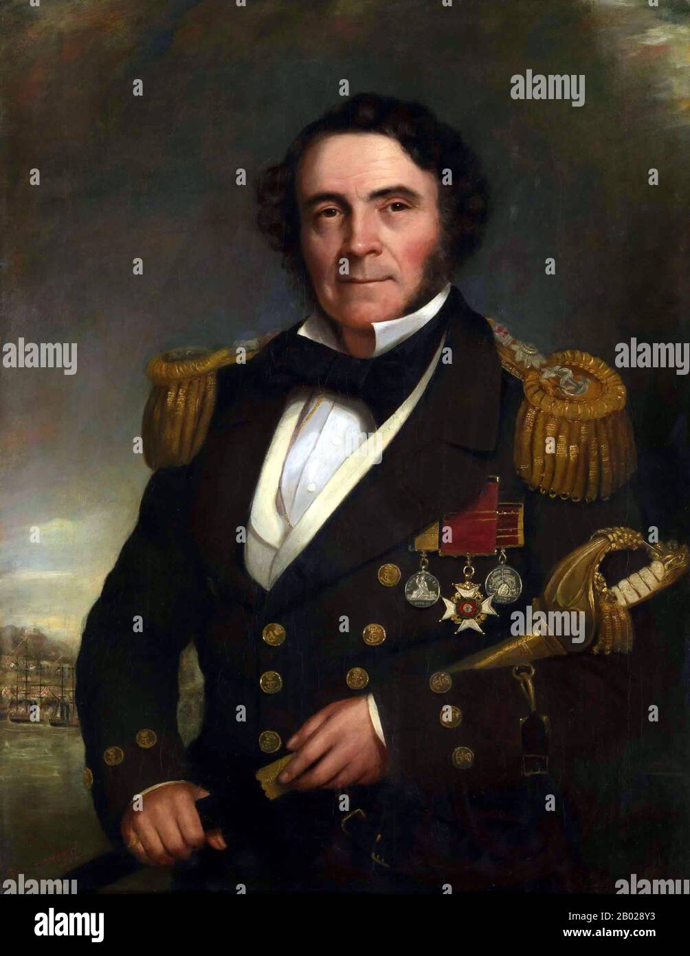 Großbritannien/China: Admiral Sir William Hutcheon Hall (ca. 1797–25. Juni 1878), Befehlshaber des Eisernen Dampfschiffs Nemesis während des Ersten Opiumkriegs (1839–1842). Öl auf Leinwand Porträt, um 1856. Admiral Sir William Hutcheon Hall, KCB, FRS, war ein britischer Offizier in der Royal Navy. Er diente im Ersten Anglo-Chinesischen Krieg und Krimkrieg. In China kommandierte er das Eisendampfschiff Nemesis der Ostindien-Kompanie. Im November 1839 erhielt Hall das Kommando über Nemesis der Britischen Ostindien-Kompanie in China, wo er im Ersten Anglo-Chinesischen Krieg diente. Stockfoto