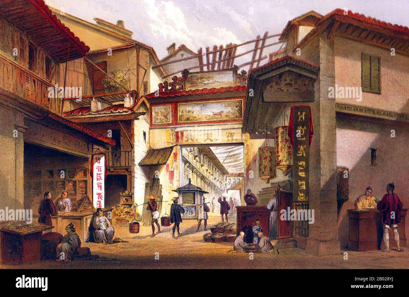 China: Eine Straßenszene im Kanton (Guangzhou). Lithographie von William (Wilhelm) Heine (30. Januar 1827 bis 5. Oktober 1885), 1856. Peter Bernhard Wilhelm Heine, besser bekannt als Wilhelm Heine, war ein deutsch-amerikanischer Künstler, Weltreisender und Schriftsteller. Seine Reisen führten ihn nach Zentralamerika, Japan, China, Preußen und mehr. Während des Amerikanischen Bürgerkrieges diente er als Offizier und kämpfte für die Union Army. Stockfoto