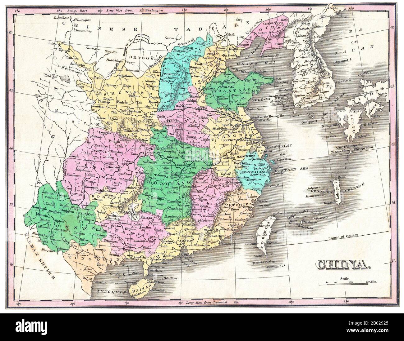 Karte des Qing-Imperiums aus einem Atlas, der erstmals im Jahr 1824 herausgegeben wurde, mit Ausgaben, die jährlich bis 1834 veröffentlicht wurden. Jedes folgende Jahr wurden neue Karten hinzugefügt und andere aktualisiert. Diese Karte stammt aus der Ausgabe von Atlas Classica aus dem Jahr 1831. Stockfoto