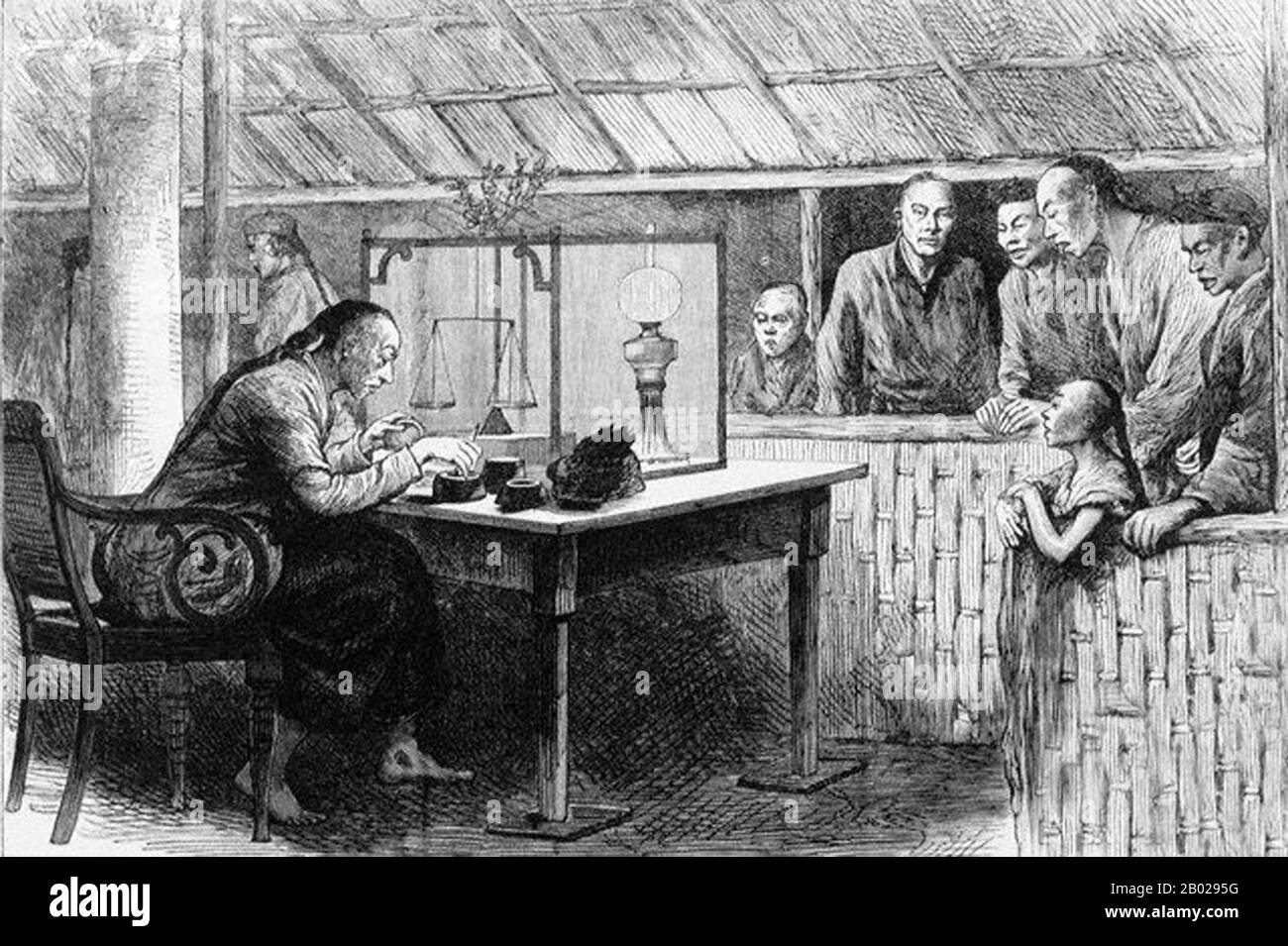 China: Ein Opiumverkäufer, Kanton (Guangzhou). Lithographie, ca. 1880. Opiummohn, Papaver somniferum, ist die Pflanzenart, aus der Opium und Mohn gewonnen werden. Opium ist die Quelle vieler Opiate, einschließlich Morphin, Thebain, Codein, Papaverin und Noscapin. Der lateinische botanische Name bedeutet „schlafenden Mohn“ und bezieht sich auf die sedierenden Eigenschaften einiger dieser Opiate. Stockfoto