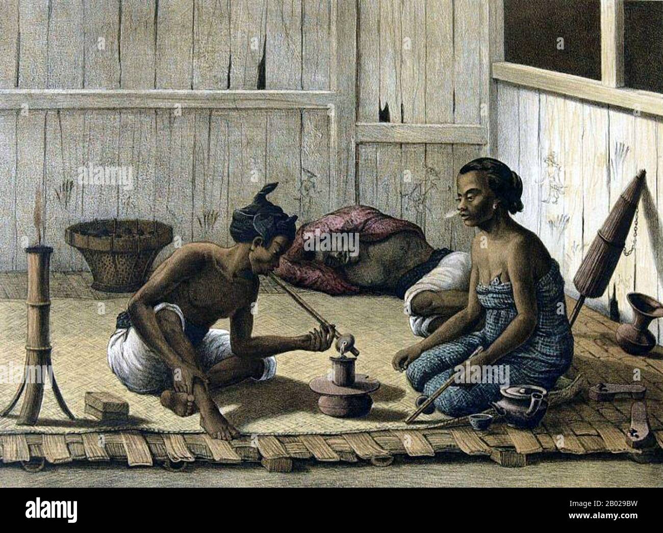 Indonesien: Männliche und weibliche Opiumraucher, Java, Niederländisch-Indien. Lithographie nach einer Originalzeichnung Auguste van Pers (15. Juni 1815 bis 27. Mai 1871), um 1885. Opium (Mohnrisse, lachryma papaveris) ist der aus dem Opiummohn (Papaver somniferum) gewonnene getrocknete Latex. Opium enthält bis zu 12 Prozent Morphin, ein Alkaloid, das häufig chemisch verarbeitet wird, um Heroin für den illegalen Drogenhandel herzustellen. Der Latex enthält auch Codein und nicht narkotische Alkaloide wie Papaverin, Thebain und Noscapin. Stockfoto
