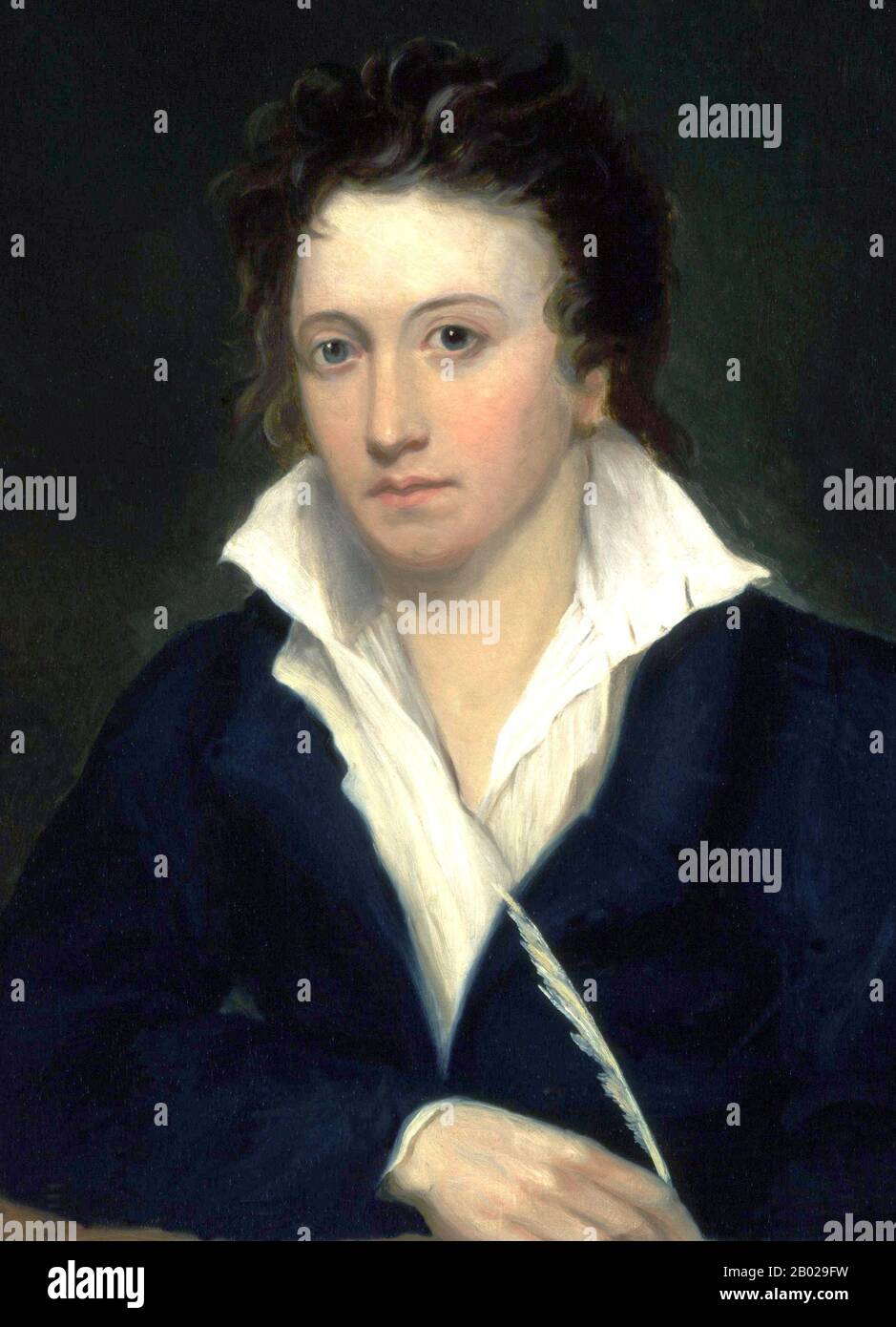 England/Vereinigtes Königreich: Percy Bysshe Shelley (4. August 1792 - 8. Juli 1822), Dichter, Radical, Opiumkonsument. Ölgemälde auf Leinwand von Alfred Clint (1807-1883) nach Amelia Curran (1775-1847), um 1829. Percy Bysshe Shelley war einer der größten englischen romantischen Dichter und wird von Kritikern als einer der besten Lyriker der englischen Sprache angesehen. Shelley war radikal in seiner Poesie sowie in seinen politischen und sozialen Ansichten und wurde zu Lebzeiten nicht berühmt, aber die Anerkennung für seine Poesie wuchs nach seinem Tod stetig. Stockfoto