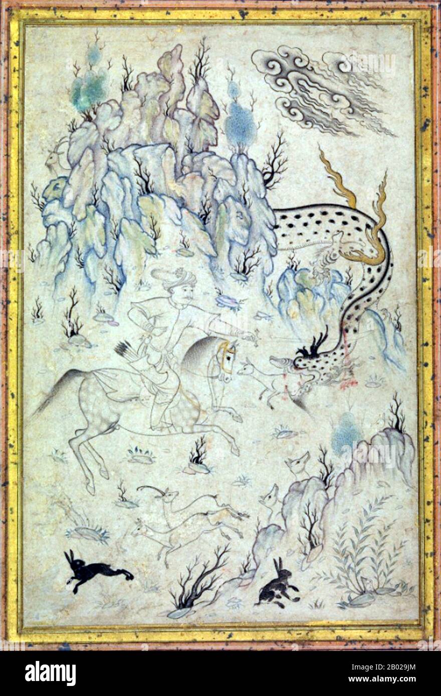 Iran/Persien: Held und Drache. Ein Prinz auf der Jagd wird von einem Drachen angegriffen. Safawiden Aquarellmalerei, Qazvin, Ende des 16. Jahrhunderts. Die Safawiden-Dynastie war eine der bedeutendsten Herrscherdynastien im Iran. Sie beherrschten eines der größten persischen Reiche seit der muslimischen Eroberung Persiens und etablierten die zwölf Schulen des schiitischen Islam als offizielle Religion ihres Reiches, was einen der wichtigsten Wendepunkte in der muslimischen Geschichte markiert. Die Safawiden herrschten von 1501 bis 1722 (eine kurze Restaurierung von 1729 bis 1736). Stockfoto