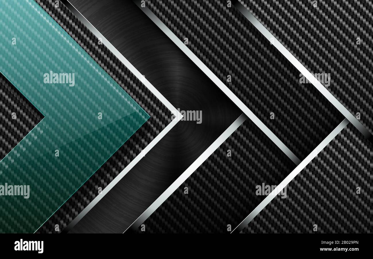 Technischer Hintergrund von Vector. Materialstapel aus Kohlefaser mit Chromstreifenkante. Schwarz gebürstetes Metall und grünes Glas, pfeilförmig, industriell Stock Vektor