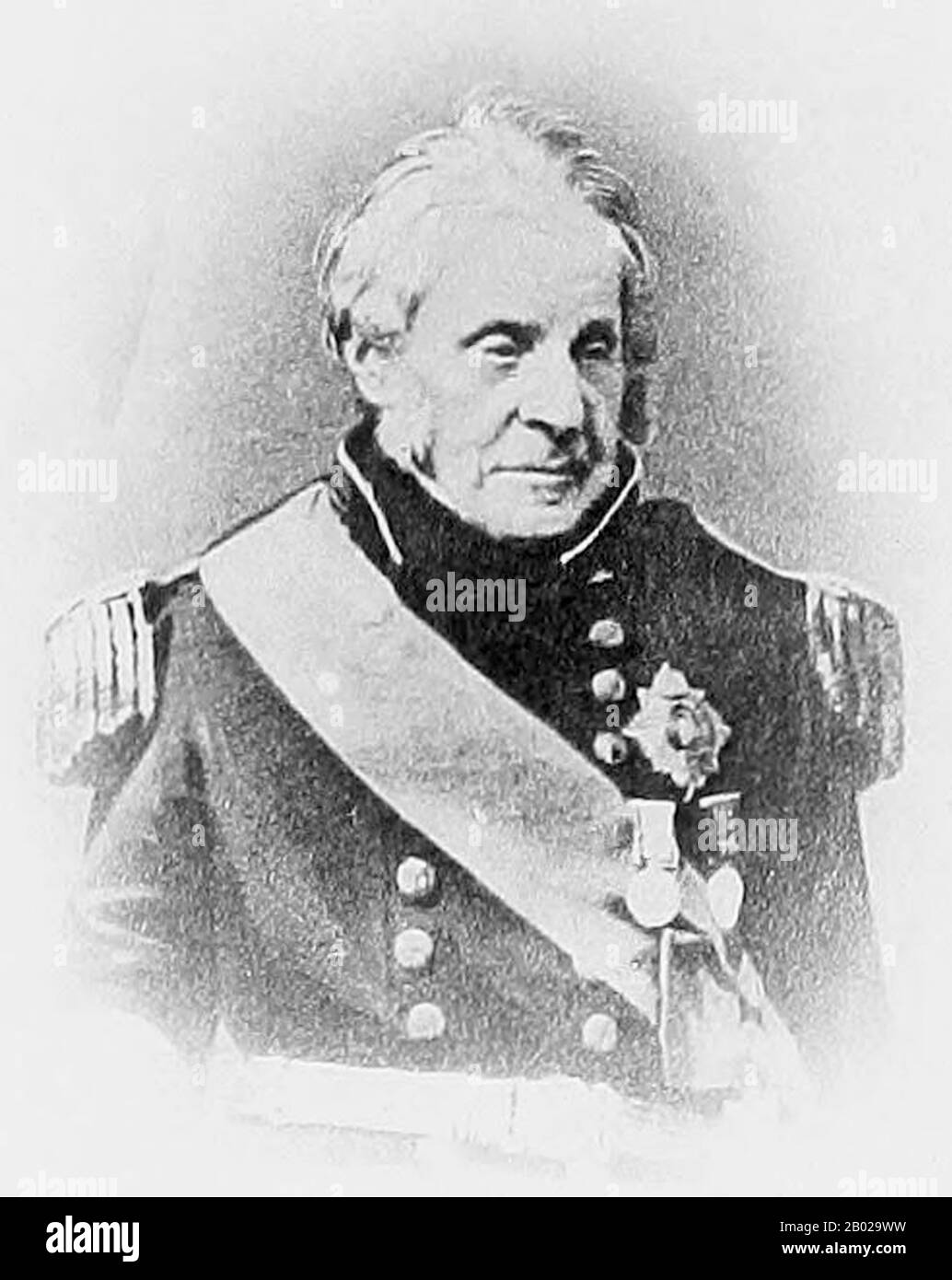 England/Vereinigtes Königreich: Admiral der Flotte Sir William Parker, 1. Baronet, GCB (1. Dezember 1781 bis 13. November 1866), Oberbefehlshaber der East Indies and China Station im Ersten Opiumkrieg (1839–1842). Fotoporträt, ca. 1860er Jahre Sir William Parker war Offizier der Royal Navy. Zum ersten Mal sah er den Kampf als Kapitänsdiener während der Schlacht am glorreichen 1. Juni 1794, während der Französischen Unabhängigkeitskriege. Als Oberbefehlshaber der East Indies and China Station leistete er während des Ersten Opiumkrieges Unterstützung der Marine. Stockfoto