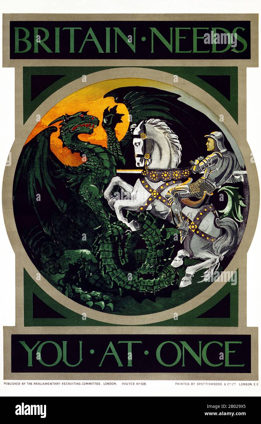 Großbritannien: "Großbritannien braucht dich sofort". 1. Weltkrieg Rekrutierungsplakat mit einem britischen George und einem österreichisch-deutschen Drachen, London, 1915. Die Geschichte des Heiligen Georg und des Drachen, die der Hagiographie des Heiligen Georg beigefügt ist, war östlicher Herkunft, wurde mit den Kreuzfahrern zurückgebracht und mit den höfischen Ansprüchen der Romantik neu erzählt. Die frühesten bekannten Darstellungen des Motivs stammen aus Kappadokien des 10. Oder 11. Jahrhunderts und Georgien des 11. Jahrhunderts. Stockfoto
