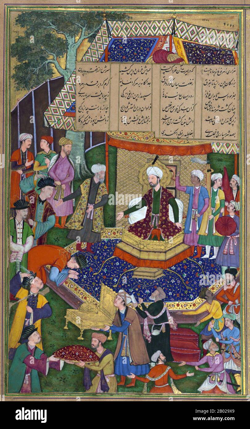 Nizami Ganjavi (1101-1209) oder Amīr Khusraw Dihlavī, dessen formaler Name Jamal ad-Dīn Abū Muḥammad Ilyās IBN-Yūsuf Zakkī   war, war ein persischer Dichter aus dem 12. Jahrhundert. Nezāmi gilt als der größte romantische epische Dichter in der persischen Literatur, der dem persischen Epos einen Umgangstil und einen realistischen Stil einbrachte. Sein Erbe wird von Afghanistan, Aserbaidschan, Iran, Kurdistan und Tadschikistan weithin geschätzt und geteilt. Stockfoto