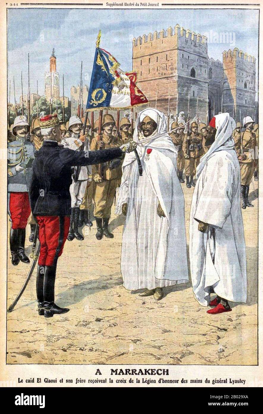 Marokko/Frankreich: "à Marrakech, le caid El Glaoui et son frère refacoivent la croix de la Légion d'honneur des Mains du général Lyautey" ("in Marrakesch erhalten der Qaid Madani El Glaoui (al-Glawi) und sein Bruder Thami El Glaoui das Kreuz der Ehrenlegion von General Lyautey"). Französische Kolonialdarstellung im Le Petit Journal von Ereignissen in Marokko im Jahr 1912, die zur Errichtung der französischen Kolonialherrschaft führten, am 27. Oktober 1912. Das französische Protektorat in Marokko (französisch: Protectorat francais au Maroc) wurde durch den Vertrag von Fès gegründet. Sie existierte ab 1912. Stockfoto