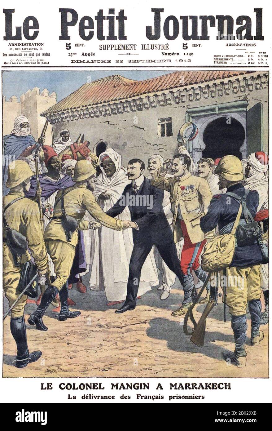 Marokko/Frankreich: "Le Colonel Mangin à Marrakech, La délivrance des Francais Prisonniers" ("Colonel Mangin in Marrakesch, die Lieferung der französischen Gefangenen"). Französische Kolonialdarstellung im Le Petit Journal von Ereignissen in Marokko im Jahr 1912, die zur Errichtung der französischen Kolonialherrschaft führten, 22. September 1912. Das französische Protektorat in Marokko (französisch: Protectorat francais au Maroc) wurde durch den Vertrag von Fès gegründet. Es existierte ab 1912, als ein Protektorat formell eingerichtet wurde, bis zur Unabhängigkeit Marokkos (2. März 1956). Stockfoto