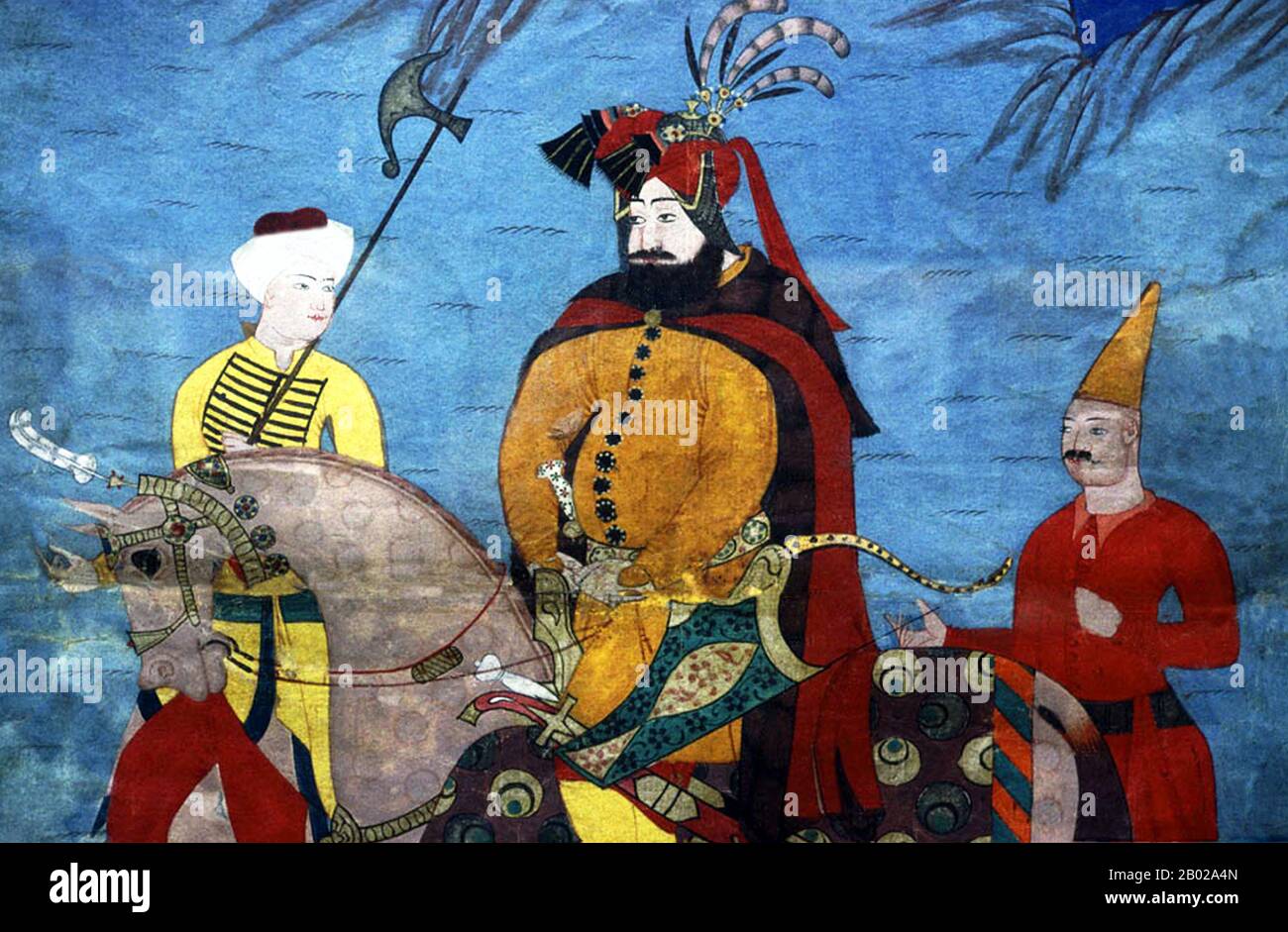 Zentralasien/China: Ein Herrscher mit zwei Dienern. Miniaturmalerei aus der Siyah Kalem Schule, 15. Jahrhundert. Siyah Kalem oder „Black Pen“ ist der Name der Malschule aus dem 15. Jahrhundert, die Mehmed Siyah Kalem zugeschrieben wird. Über sein Leben ist nichts bekannt, aber sein Werk deutet darauf hin, dass er zentralasiatischer türkischer Herkunft war und mit Lager- und Militärleben bestens vertraut war. Die Gemälde erscheinen in den „Eroberer-Alben“, die so benannt sind, weil zwei Porträts von Sultan Mehmed II. Dem Eroberer in einem davon zu sehen sind. Stockfoto
