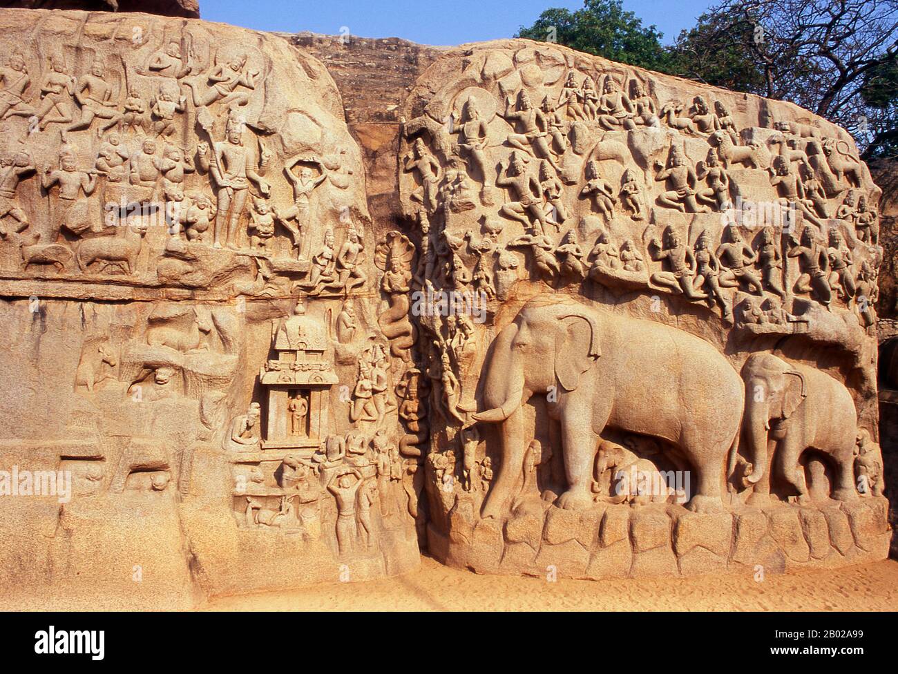 Indien: Die Buße von Arjuna (Arjuna's Buße), Steinschlag (7. Jahrhundert n. Chr.), Mahabalipuram, Staat Tamil Nadu. Arjunas Buße (auch bekannt als „Abstieg des Ganges“) ist ein riesiges Felsrelief, das viele halbgöttliche und göttliche Kreaturen sowie Gottheiten und einige sehr naturalistische Darstellungen von Tieren darstellt. Sie stammt aus dem 7. Jahrhundert n. Chr. Mahabalipuram, auch bekannt als Mamallapuram, ist eine alte historische Stadt und war schon im 1. Jahrhundert n. Chr. ein geschäftiger Seehafen. Im 7. Jahrhundert war sie die wichtigste Hafenstadt der südindischen Pallava-Dynastie. Stockfoto