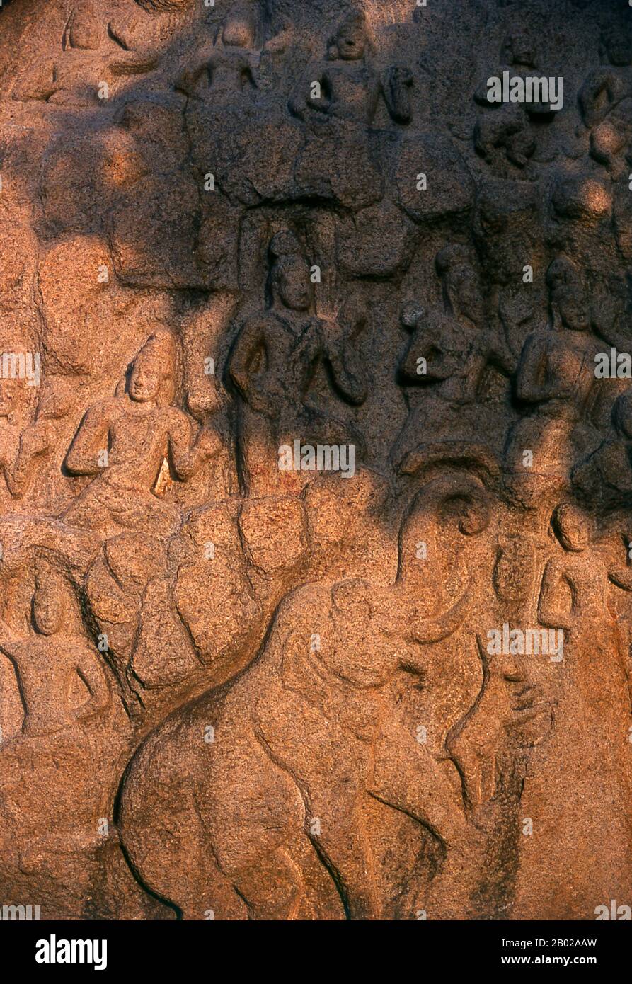 Indien: Ein Felsrelief aus dem 7. Jahrhundert n. Chr., Mahabalipuram, Staat Tamil Nadu. Mahabalipuram, auch bekannt als Mamallapuram, ist eine alte historische Stadt und war schon im 1. Jahrhundert n. Chr. ein geschäftiger Seehafen. Im 7. Jahrhundert war sie die wichtigste Hafenstadt der südindischen Pallava-Dynastie. Die historischen Denkmäler, die heute zu sehen sind, wurden größtenteils zwischen dem 7. Und 9. Jahrhundert n. Chr. errichtet. Stockfoto