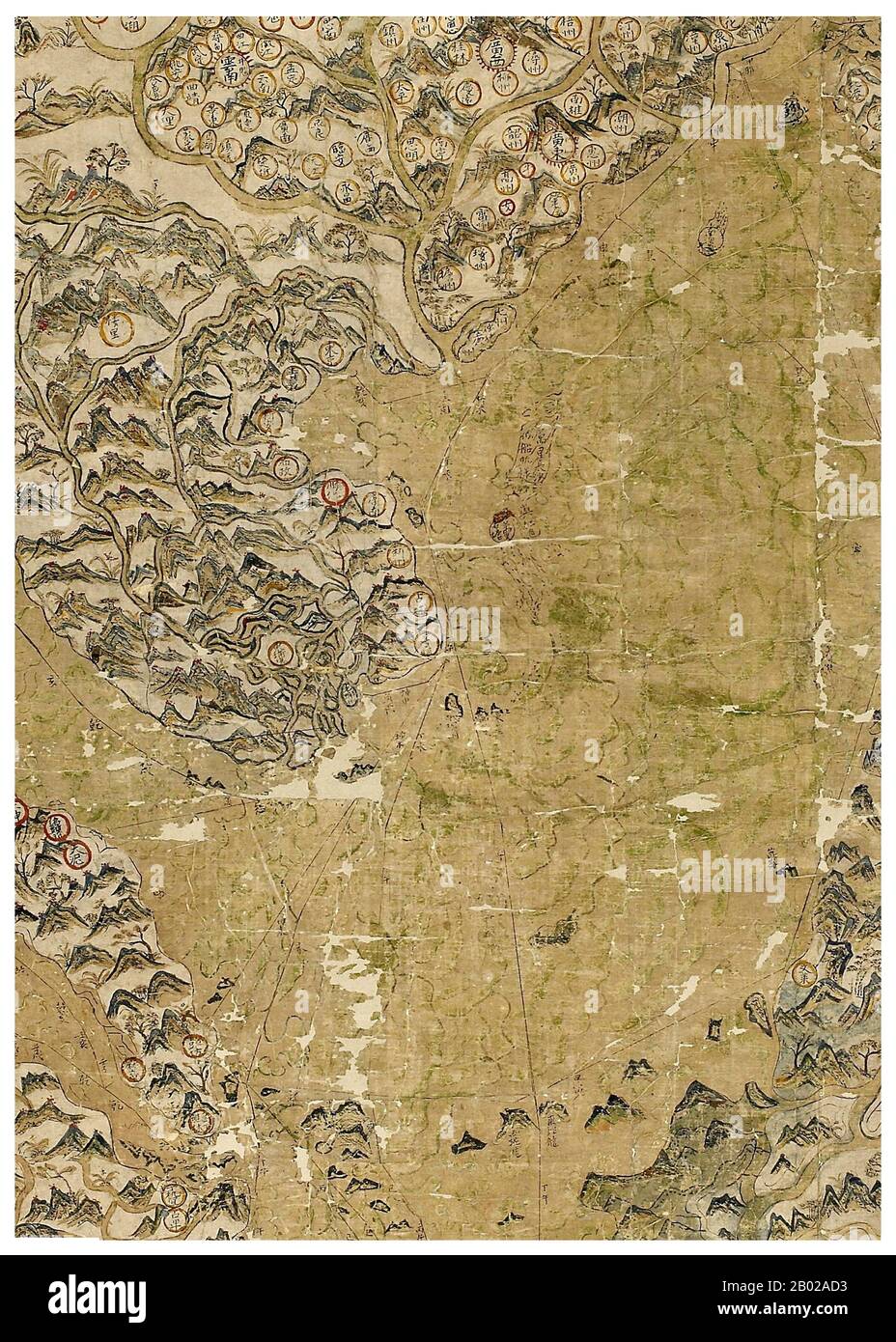 Ursprünglich Eigentum von John Selden, dem Londoner Anwalt und historischen und linguistischen Gelehrten, wurde die 'Selden Map' 1659 bei der Bodleian Library untergebracht. Sie stammt aus der späten Ming-Zeit und zeigt China, Korea, Japan, die Philippinen, Indonesien, Südostasien und Südindien. Für die gesamte Region werden Transportwege mit Kompasslagern aus dem Hafen von Quanzhou angegeben. Eine Tafel mit chinesischem Text links auf der Karte bei Calicut im Westen gibt eine Wegbeschreibung der Routen nach Aden, Oman und die Straße von Hormuz. Dies ist die älteste chinesische Karte, auf der Versandwege und auch zu angezeigt werden Stockfoto