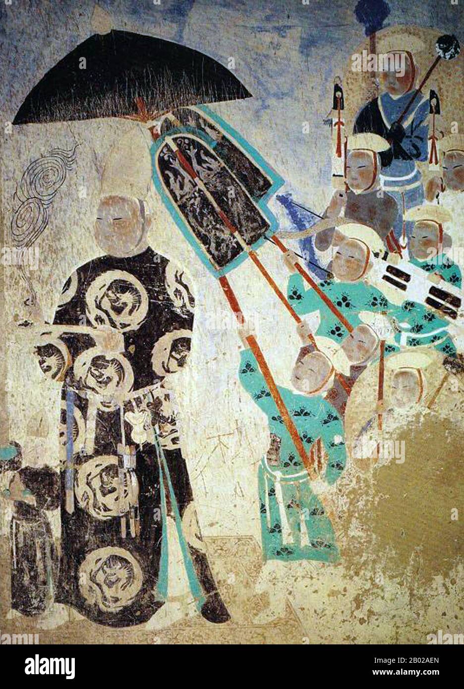 China: Ein uigurischer König mit Anhängern, Höhle 409, Mogao-Höhlen, Dunhuang, Gansu, c. 9. Jahrhundert. Die Mogao-Höhlen oder Mogao-Grotten (chinesisch mò gāo kū), auch bekannt als die Höhlen der tausend Buddhas und Dunhuang-Höhlen, bilden ein System von 492 Tempeln 25 km (15,5 Meilen) südöstlich des Zentrums von Dunhuang, einer Oase, die strategisch an einer religiösen und kulturellen Kreuzung an der Seidenstraße in der Provinz Gansu, China, gelegen ist. Die Höhlen enthalten einige der besten Beispiele buddhistischer Kunst aus einem Zeitraum von 1.000 Jahren. Die ersten Höhlen wurden 366 n. Chr. als Orte buddhistischer Meditation und Anbetung ausgegraben. Stockfoto