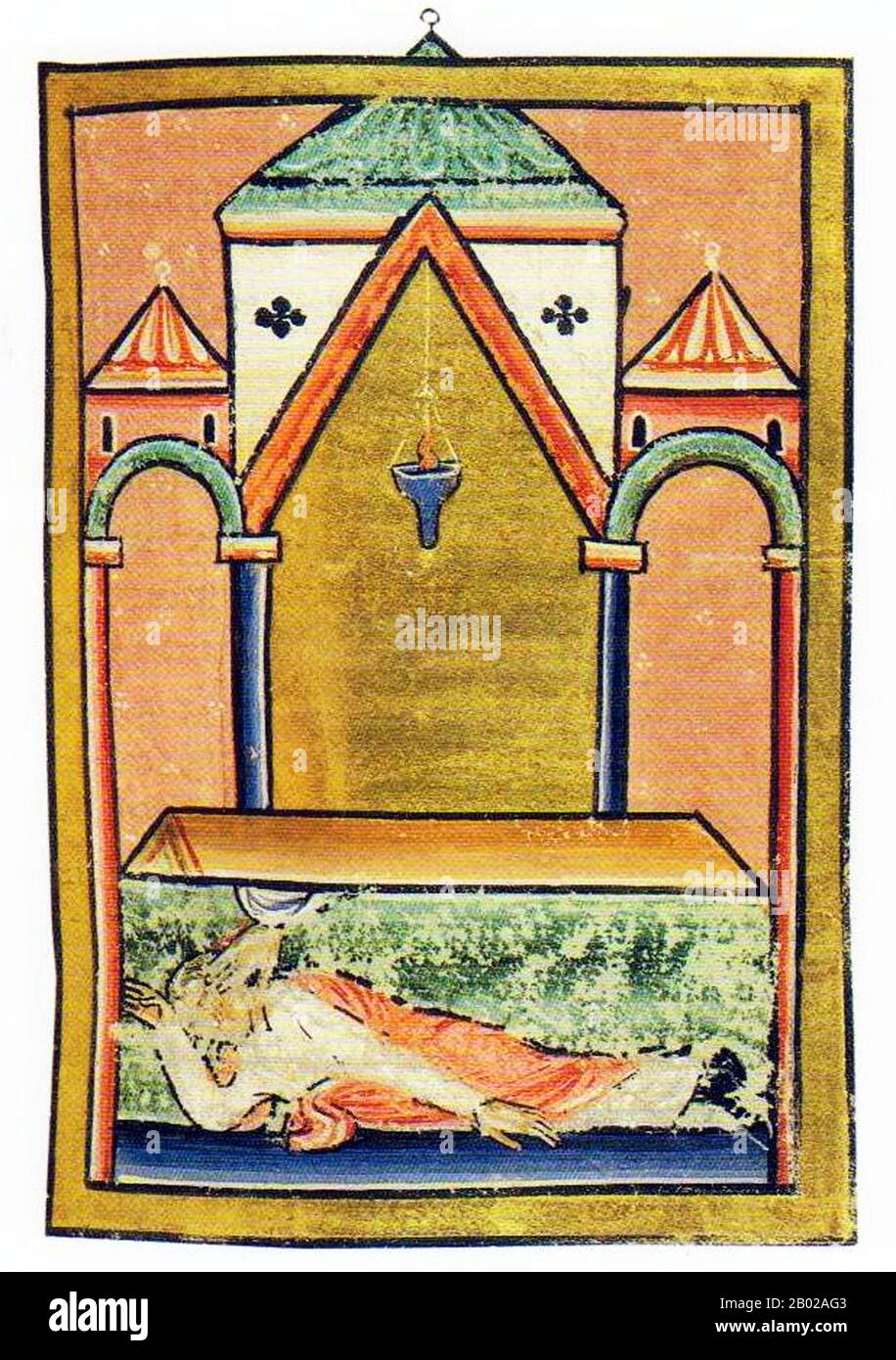 St. Cuthbert (ca. 634 - 20. März 687) war ein angelsächsische Mönch, Bischof und Einsiedler, der mit den Klöstern Melrose und Lindisfarne im Königreich Northumbria in Verbindung gebracht wurde. Nach seinem Tod wurde er einer der wichtigsten mittelalterlichen Heiligen Englands, mit einem Kult, der sich in der Durham Cathedral zentrierte. Cuthbert gilt als Schutzpatron Nordenglands. Sein Festtag ist der 20. März. Er wuchs in der Nähe des neuen Ablegers von Lindisfarne in der Melrose Abbey auf, die heute in Schottland liegt, damals aber in Northumbria war. Er hatte beschlossen, Mönch zu werden, nachdem er 651 eine Vision davon gesehen hatte, dass der St Aidan, der ist Stockfoto
