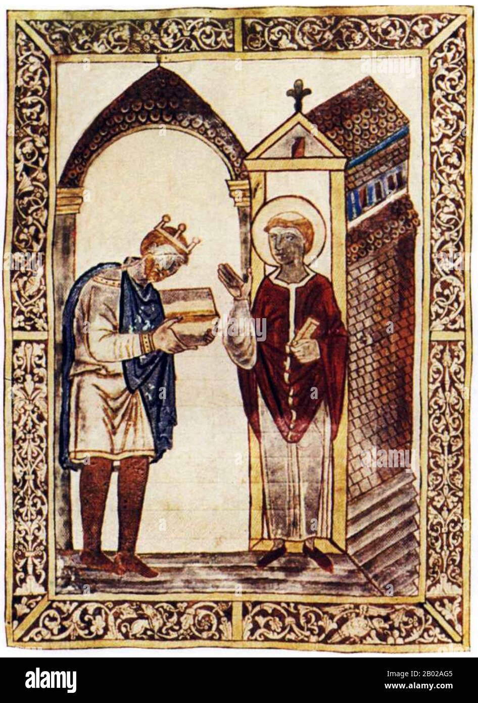 St. Cuthbert (ca. 634 - 20. März 687) war ein angelsächsische Mönch, Bischof und Einsiedler, der mit den Klöstern Melrose und Lindisfarne im Königreich Northumbria in Verbindung gebracht wurde. Nach seinem Tod wurde er einer der wichtigsten mittelalterlichen Heiligen Englands, mit einem Kult, der sich in der Durham Cathedral zentrierte. Cuthbert gilt als Schutzpatron Nordenglands. Sein Festtag ist der 20. März. Er wuchs in der Nähe des neuen Ablegers von Lindisfarne in der Melrose Abbey auf, die heute in Schottland liegt, damals aber in Northumbria war. Er hatte beschlossen, Mönch zu werden, nachdem er 651 eine Vision davon gesehen hatte, dass der St Aidan, der ist Stockfoto