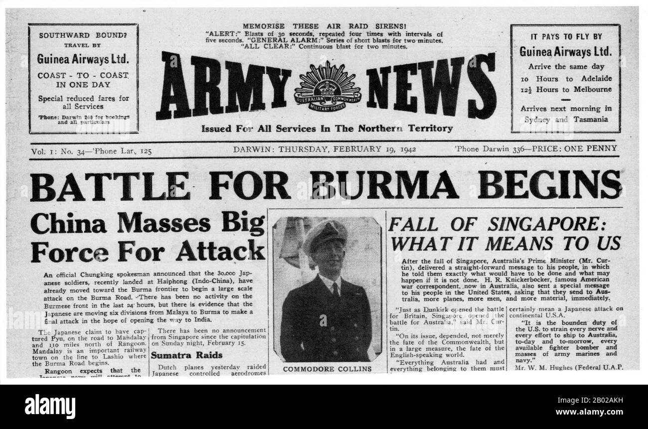 Birma/Myanmar: "Der Kampf um Birma beginnt". Schlagzeile der australischen Army News, Februar 1942. Burma war ein bedeutendes Schlachtfeld, das während des Zweiten Weltkriegs verwüstet wurde. Im März 1942, wenige Monate nach dem Kriegseintritt, waren japanische Truppen auf Rangun vormarschiert und die britische Regierung war zusammengebrochen. Eine burmesische Exekutivverwaltung unter der Leitung von Ba Maw wurde im August 1942 von den Japanern gegründet. Wingates britische Chindits wurden zu Langstreckeneindringungsgruppen gebildet, die ausgebildet wurden, um tief hinter japanischen Linien zu operieren. Eine ähnliche amerikanische Einheit, Merrills Marauders, folgte ihnen in den Dschungel. Stockfoto