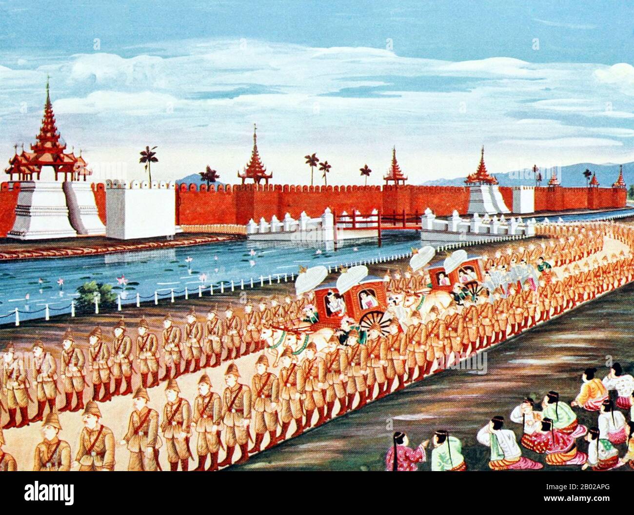 Thibaw Min (1. Januar 1859 - 19. Dezember 1916) war der letzte König der Konbaung-Dynastie von Birma (Myanmar) und auch der letzte in der birmanischen Geschichte. Seine Regierungszeit endete, als Birma am 29. November 1885 vor seiner offiziellen Annektierung am 1. Januar des Jahres 1886 von den Truppen des britischen Empires im Dritten Anglo-Birmanischen Krieg besiegt wurde. Nach der Thronbesteigung wurden Thibaw, seine Frau Supayalat und zwei Säuglingstöchter nach Ratnagiri, Indien, einer Hafenstadt vor dem Arabischen Meer, verbannt. Supayalat (13. Dezember 1859 - 24. November 1925) war die letzte Königin von Birma, die in Mandalay (1878-1885), geboren in Kin, herrschte Stockfoto