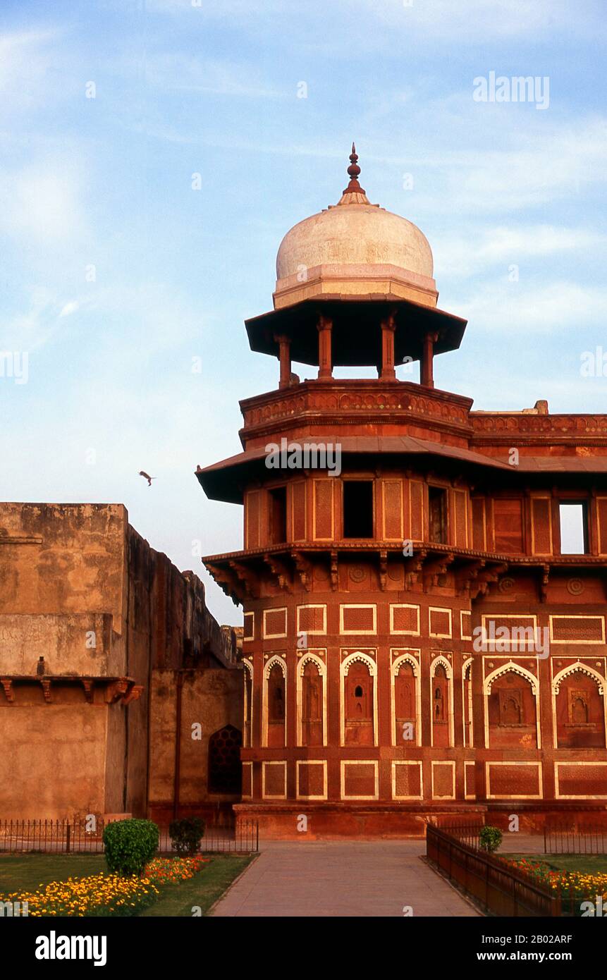 Indien: In der Abenddämmerung springt ein Affe vom Dach des Jahangiri Mahal (Jahangir Palast), Agra Fort, Agra, Uttar Pradesh. Agra Fort war ursprünglich eine Backsteinburg, die von den Hindu Sikarwar Rajputen gehalten wurde. Sie wurde erstmals 1080 n. Chr. erwähnt, als eine Ghaznavide sie eroberte. Sikandar Lodi (1488–1517) war der erste Sultan von Delhi, der nach Agra wechselte und in der Festung lebte. Von hier aus regierte er das Land und Agra übernahm die Bedeutung der zweiten Hauptstadt. Nach der ersten Schlacht von Panipat 1526 eroberten die Mogulen das Fort. Stockfoto