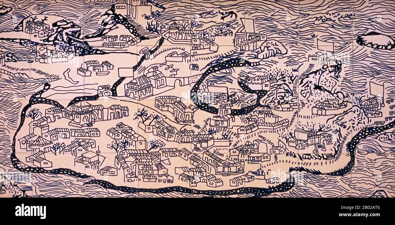 China: Macau wurde in der frühen Kolonialzeit auf Keramikfliesen im Garten des Leal Senado, Largo do Senado Square (Senatsplatz), Macau gesehen. Das Leal Senado Building (Portugiesisch für loyalen Senat) war während seiner Zeit als portugiesische Kolonie Sitz der Regierung Macaus. Das Gebäude selbst wurde 1784 errichtet und in einem Stil ähnlich dem Plain-Stil des 14. Bis 15. Jahrhunderts in Portugal errichtet. Macau war sowohl die erste als auch die letzte europäische Kolonie in China. 1535 erhielten portugiesische Händler Rechte, Schiffe in Macaus Häfen zu verankern und zu handeln, nicht aber das Recht, an Land zu bleiben. Stockfoto