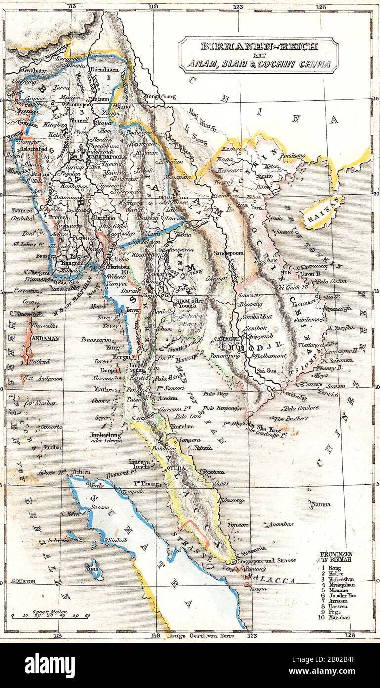 Eine deutsche Karte des südostasiatischen Festlandes mit Assam, Burma, Thailand, Vietnam, Laos, Kambodscha, Halbinsel Malaysia, Singapur und einem Teil von Sumatra. Die Region Tanintharyi oder Tenasserim im Süden Myanmars wird unter siamesischer (thailändischer) Verwaltung gezeigt, während das ehemalige Königreich Lan Na mit Chiang Mai ('Janzalayen') als Hauptstadt Myanmar/Birma als tributpflichtig dargestellt wird. Beide sind falsch, da Tanintharyi 1826 unter britischer Kontrolle überging, während Lan Na (Chiang Mai) 1775 seine Unabhängigkeit von Birma behauptete. Stockfoto