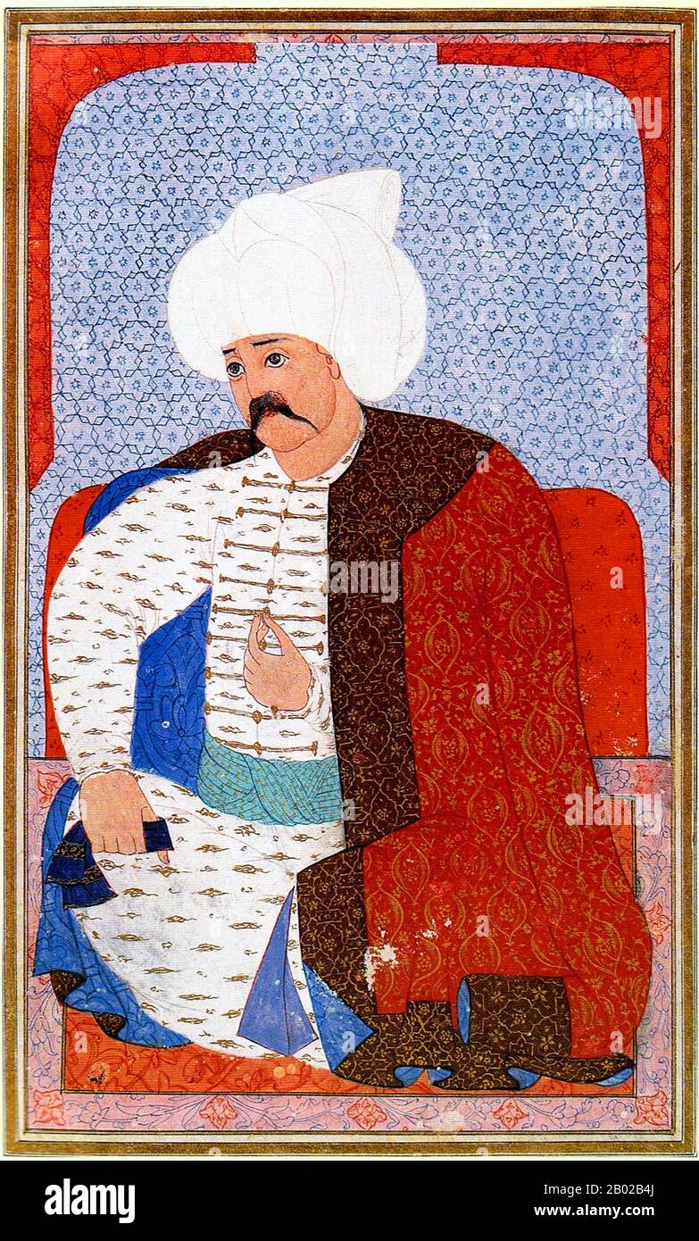 Türkei: Selim I. (10. Oktober 1465 bis 22. September 1520), 9. Sultan des Osmanischen Reiches. Miniaturmalerei von Nakkaş Osman ('Osman der Miniaturist'), 16. Jahrhundert. Selim I., auch Yavuz genannt, „der Stern“ oder „der standhafte“, war von 1512 bis 1520 Sultan des Osmanischen Reiches. Seine Herrschaft ist bekannt für die enorme Expansion des Reiches, insbesondere für seine Eroberung des gesamten Mamluken-Sultanats von Ägypten zwischen 1516-1517, das ganz Sham, Hedschas, Tihamah und Ägypten selbst umfasste. Da das Herz der arabischen Welt nun unter ihrer Kontrolle stand, wurden die Osmanen zur dominierenden islamischen Macht. Stockfoto