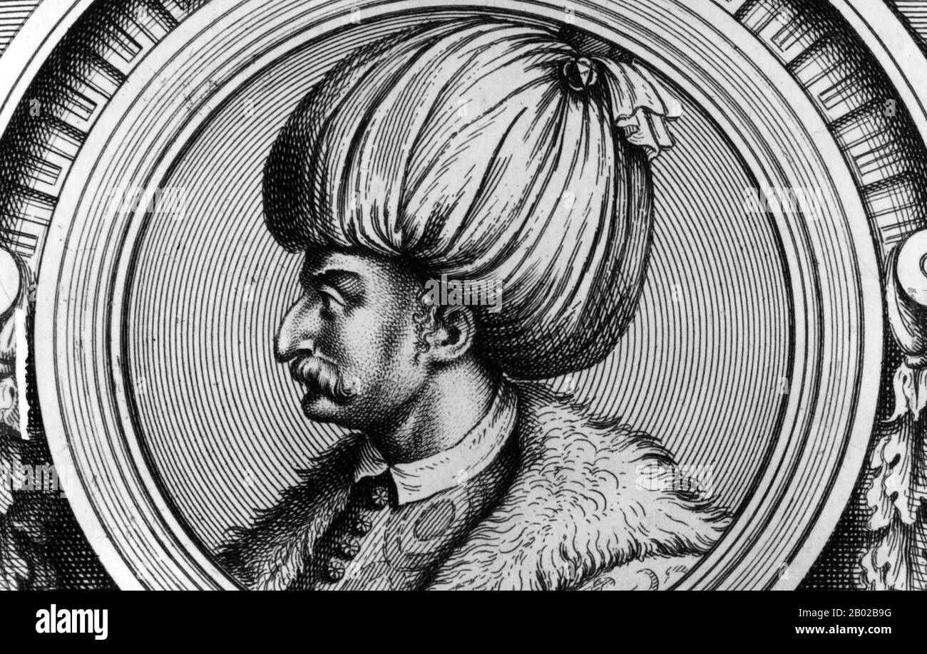 Sultan Süleyman I. (1494-1566), auch bekannt als 'Suleyman the Magnificent' und 'Suleyman the Lawmaker', war der 10. Und längste regierende Sultan des Osmanenreiches. Er führte seine Armeen persönlich dazu, Siebenbürgen, das Kaspische, weite Teile des Nahen Ostens und den Maghreb zu erobern. Er führte weitreichende Reformen in den Bereichen türkische Gesetzgebung, Bildung, Besteuerung und Strafrecht durch und wurde als Dichter und Goldschmied hoch geachtet. Süleyman übersah auch ein goldenes Zeitalter in der Entwicklung von Kunst, Literatur und Architektur im Osmanenreich. Stockfoto