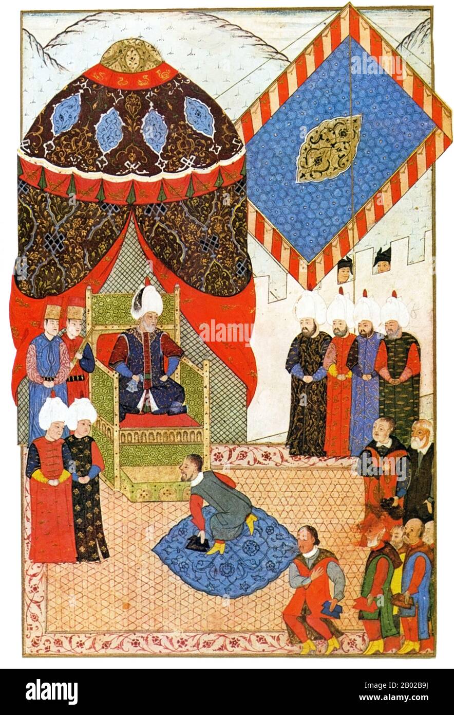 Türkei: Suleiman der prächtige (1494–1566), auch bekannt als Suleiman I., 10. Kaiser des Osmanischen Reiches, empfing die Huldigung von König Johannes Sigismund Zápolya von Ungarn in Zimony/Zemun. Miniaturmalerei, 1556. Sultan Suleyman I., auch bekannt als „Suleyman der prächtige“ und „Suleyman der Gesetzgeber“, war der 10. Und längste regierende Sultan des Osmanischen Reiches. Er führte seine Armeen persönlich an, um Siebenbürgen, das Kaspische Land, einen Großteil des Nahen Ostens und den Maghreb zu erobern. Er führte umfassende Reformen in der türkischen Gesetzgebung, im Bildungswesen, in der Besteuerung und im Strafrecht ein. Stockfoto