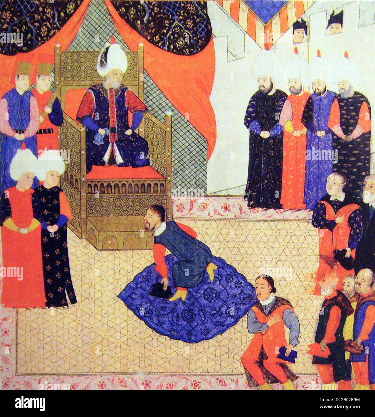 Türkei: Suleiman der prächtige (1494–1566), auch bekannt als Suleiman I., 10. Kaiser des Osmanischen Reiches, empfing die Huldigung von König Johannes Sigismund Zápolya von Ungarn in Zimony/Zemun. Detail der Miniaturmalerei, 1556. Sultan Suleyman I., auch bekannt als „Suleyman der prächtige“ und „Suleyman der Gesetzgeber“, war der 10. Und längste regierende Sultan des Osmanischen Reiches. Er führte seine Armeen persönlich an, um Siebenbürgen, das Kaspische Land, einen Großteil des Nahen Ostens und den Maghreb zu erobern. Er führte umfassende Reformen in der türkischen Gesetzgebung, im Bildungswesen, in der Besteuerung und im Strafrecht ein. Stockfoto
