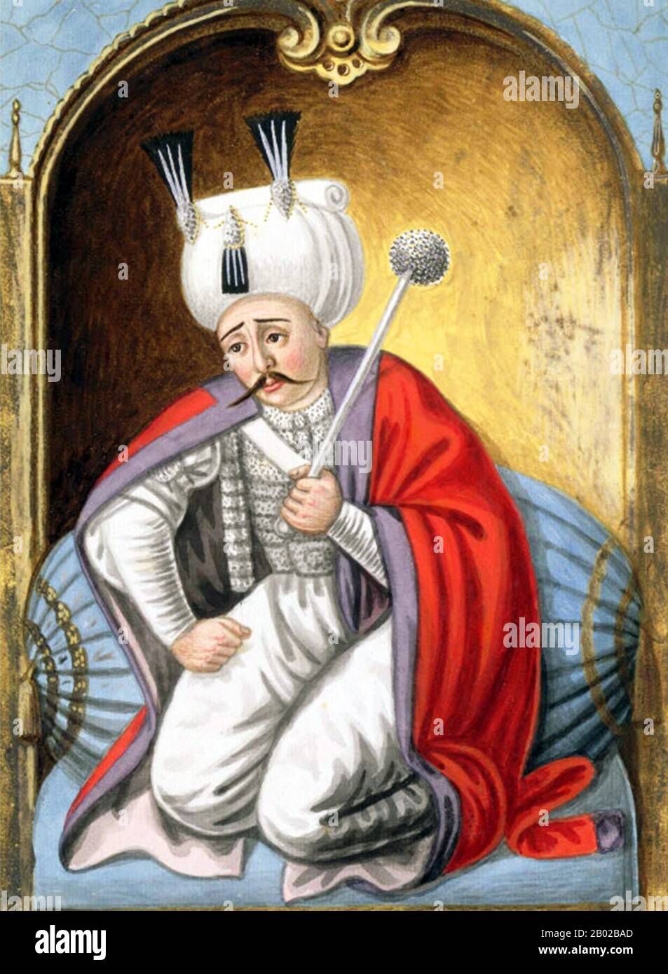 Türkei: Selim I. (10. Oktober 1470 bis 22. September 1520), 9. Sultan des Osmanischen Reiches. Mezzotint-Stich von John Young (1755-1825), 1815. Selim I., Yavuz Sultân Selim Khan, Hâdim-ül Haramain-ish Sharifain (Diener der Heiligen Städte Mekka und Medina), genannt Yavuz „der Stern“ oder „der standhafte“, aber oft auf Englisch als „der Grim“ bezeichnet, war von 1512 bis 1520 Sultan des Osmanischen Reiches. Er war auch der erste osmanische Sultan, der den Titel des Kalifen des Islam annahm. 1517 erhielt er den Titel „Hâdim ül Haramain ish Sharifain“ vom Sharif von Mekka. Stockfoto