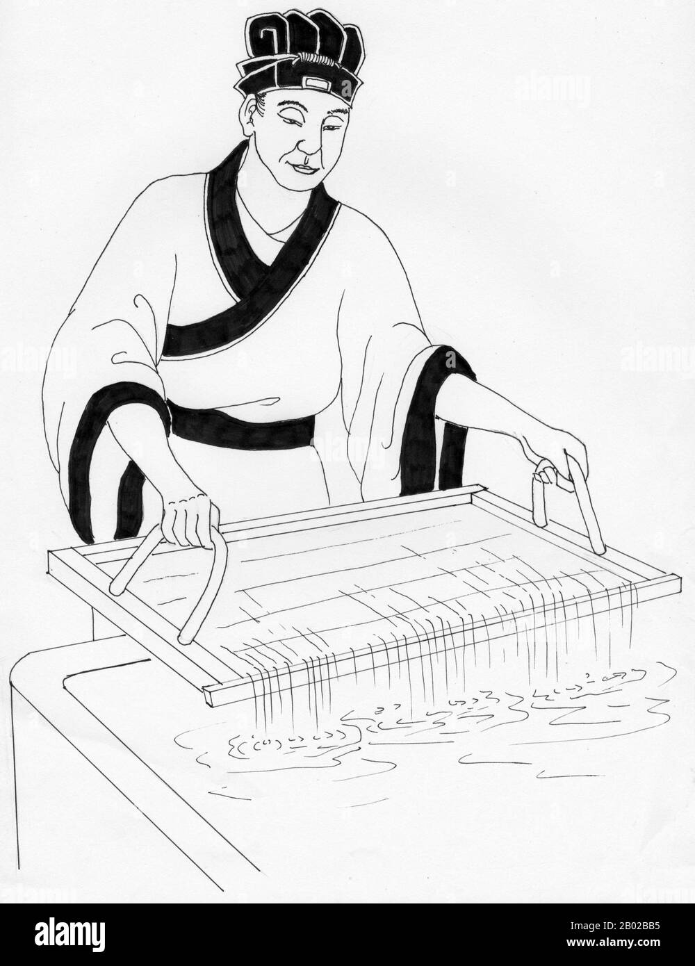 Cai Lun (vereinfachtes Chinesisch: 蔡伦; traditionelles Chinesisch: 蔡倫; Pinyin: Cài Lún; Wade-Giles: TS'ai Lun) (ca. 50 CE - 121), Höflichkeitsname Jingzhong (敬仲), war ein chinesischer Eunuch und politischer Beamter. Er gilt traditionell als Erfinder des Papiers und der Papierherstellung, in Formen, die in der Moderne als Papier (im Gegensatz zu Papyrus) erkennbar sind. Obwohl es in China schon seit dem 2. Jahrhundert v. Chr. frühe Papierformen gab, war er für die erste bedeutende Verbesserung und Standardisierung der Papierherstellung verantwortlich, indem er wesentliche neue Materialien in seine Zusammensetzung einfügte. Stockfoto