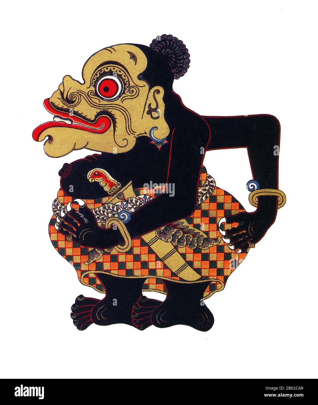 Im javanischen Wayang (Schattenpuppen) sind die Panakawan oder Panakavan (Phanakavhan) die Clowndiener des Helden. Es gibt vier davon - Semar (auch Ki Lurah Semar genannt), Petruk, Gareng und Bagong. Semar ist die Personifikation einer Gottheit, die manchmal als Dhanyang oder Schutzgeist der Insel Java bezeichnet wird. In der javanischen Mythologie können sich die Götter nur als hässliche oder sonst nicht präbesitzende Menschen manifestieren, und so wird Semar immer als kurz und dick mit einer Puffnase und einer verwinkenden Hernie dargestellt. Seine drei Gefährten sind seine adoptierten Söhne, die Semar als Votare von ihrem p gegeben wurden Stockfoto