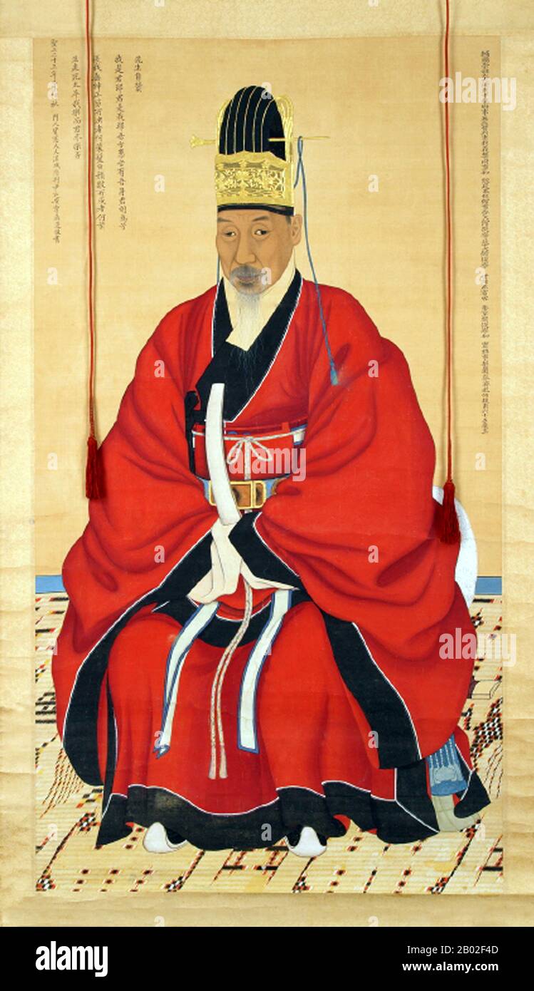 Chae Jegong (蔡濟恭, 채제공, 1720-1799) war ein literatischer Bürokrat der Chosun Dynastie. Er war vom Pyeonggang Chae Clan (平康菜氏, 평강채씨); sein Höflichkeitsname (字, 자) war Baekgyu (伯規, 백규); sein Pen Name (號, 호) lautete Beon'am (樊巖, 번암); sein posthum verhalgener Name (諡, 시) lautete Munsuk (文肅, 문숙). Er bestand mit 15 Jahren die regionale Bürgerprüfung (鄕試, 향시) und bekleidete zeitlebens hohe Regierungsämter. Stockfoto