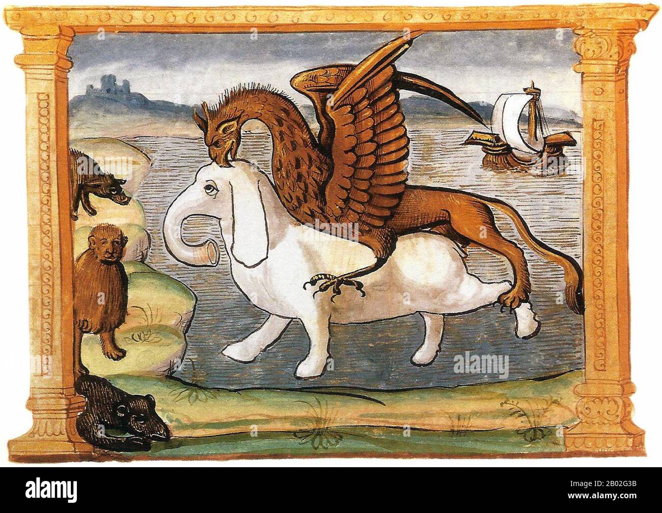 Der griffin, Greif oder Gryphon (Griechisch: γρύφων, grýphōn, oder γρύπων, grýpōn, Latein: Gryphus) ist ein legendäres Wesen mit Körper, Schwanz und Hinterbeinen eines Löwen, Kopf und Flügel eines Adlers und einem Adler-Talon als Vorderfüße. Weil der Löwe traditionell als König der Bestien und der Adler als König der Vögel galt, wurde der griffin als besonders mächtiges und majestätisches Wesen angesehen. Der griffin wurde auch als König aller Kreaturen gedacht. Marco Polo wurde vermutlich um 1254 v. Chr. in Venedig geboren und wurde von seiner Tante und seinem Onkel großgezogen, nachdem seine Mutter gestorben war. Sein Vater Niccolo, Stockfoto