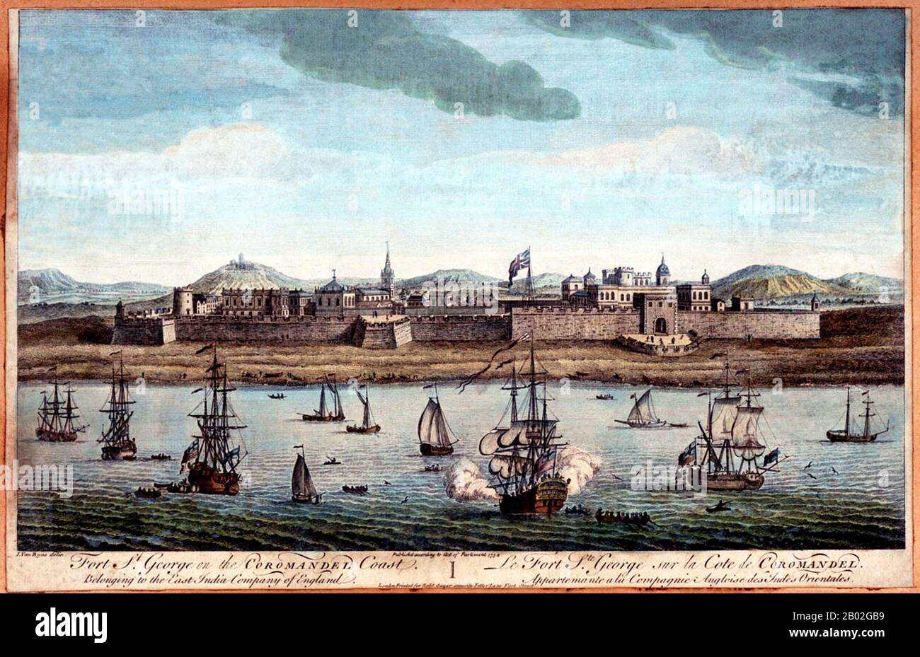 Fort St George (oder historisch: White Town) ist der Name der ersten englischen (später britischen) Festung in Indien, die 1644 in der Küstenstadt Madras, der modernen Stadt Chennai, gegründet wurde. Die East India Company, die um 1600 wegen Handelsaktivitäten nach Indien eingedrungen war, hatte ihren Lizenzhandel in Surat aufgenommen, der ihre erste Bastion war. Um jedoch seine Handelslinien und kommerziellen Interessen im Gewürzhandel zu sichern, fühlte sie die Notwendigkeit eines näher an der Malakken-Straße gelegenen Hafens und es gelang, ein Stück Küstenland, das ursprünglich Chennayarpattinam oder Channapatnam hieß, von A zu kaufen Stockfoto