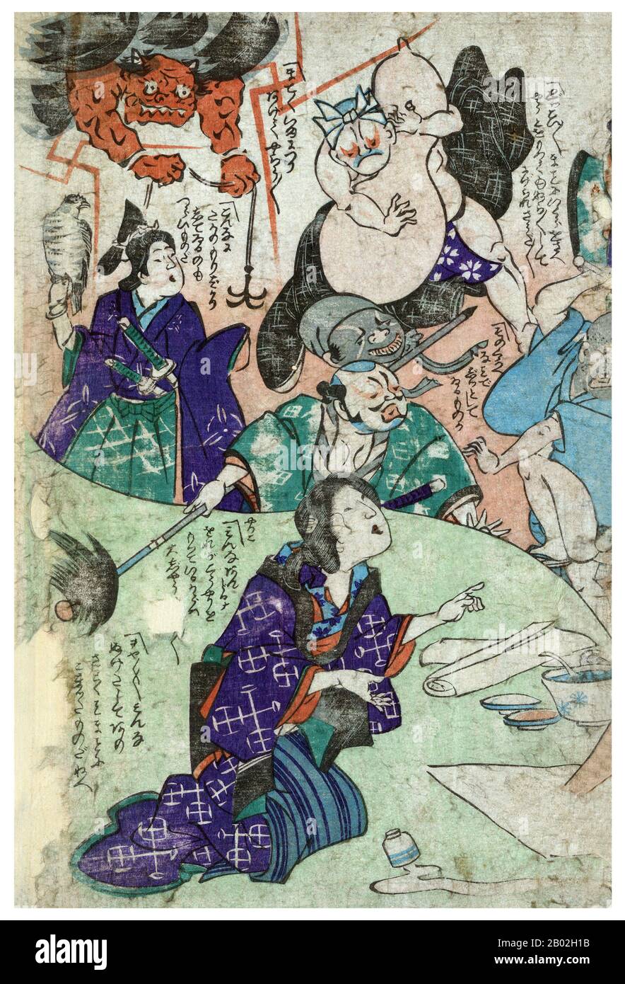 Ukiyo-e Holzblock-Druck, der einen Künstler im Vordergrund und verschiedene Charaktere im Hintergrund zeigt, darunter einen Dämon, der einen Anker hält, einen Samurai mit einem Falken, einen Mann mit langem Hecht und einen Ringer. Stockfoto
