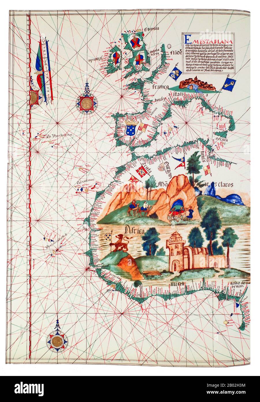 Der portugiesische Entdecker Prinz Henry, bekannt als Navigator, war der erste Europäer, der Afrika und die ozeanische Route zu den Indies methodisch erkundet hat. Von seinem Wohnsitz in der Algarve-Region im Süden Portugals aus leitete er aufeinanderfolgende Expeditionen, um Afrika zu umgehen und Indien zu erreichen. 1420 schickte Henry eine Expedition zur Sicherung der unbewohnten, aber strategischen Insel Madeira. 1425 versuchte er, auch die Kanarischen Inseln zu sichern, doch diese unterstanden bereits einer festen kastilischen Kontrolle. 1431 erreichte und annektierte eine weitere portugiesische Expedition die Azoren. Stockfoto