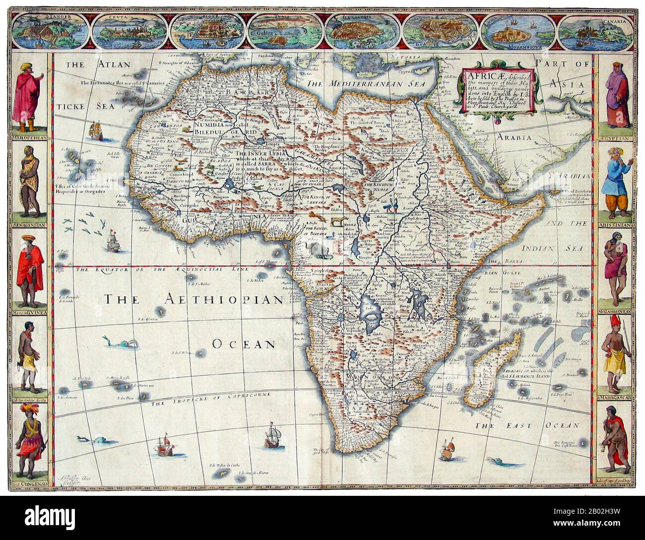 Dies ist die älteste englische Sprachkarte Afrikas. Diese Karte ist Teil des ersten Generalatlas der Welt, der in England produziert wurde. Diese berühmte Karte stammt von John Speed's Prospect of the World, dem ersten Generalatlas, der 1626 in Großbritannien produziert und 1627 von Humble und dann in den nachfolgenden Ausgaben bis 1676 erstmals veröffentlicht wurde. Diese Karte stammt aus der Ausgabe von 1676. Stockfoto