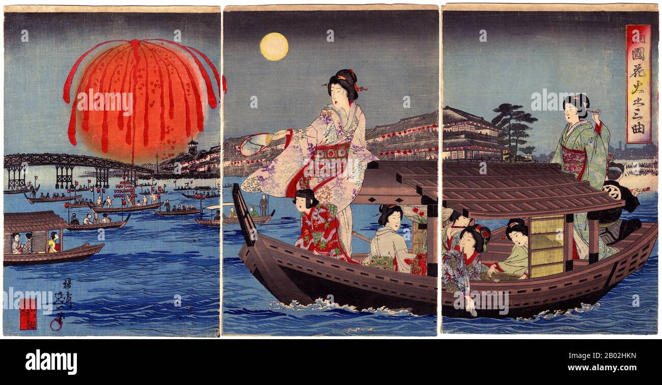 Nobukazu Watanabe war Künstler und Druckerei-Künstler der späten Meiji-Zeit. Die Zeit der traditionellen japanischen Holzschnitte von ukiyo-e war vorbei. Fotografie und Lithographie ersetzten immer mehr das alte Handwerk. Verlage und Künstler versuchten sich mit Druckfächern der Chinesisch-japanischen und russisch-japanischen Kriege, Bildern vom kaiserlichen Hof und Geschichtsszenen über Wasser zu halten. Stockfoto Nobukazu Watanabe war Künstler und Druckerei-Künstler der späten Meiji-Zeit. Die Zeit der traditionellen japanischen Holzschnitte von ukiyo-e war vorbei. Fotografie und Lithographie ersetzten immer mehr das alte Handwerk. Verlage und Künstler versuchten sich mit Druckfächern der Chinesisch-japanischen und russisch-japanischen Kriege, Bildern vom kaiserlichen Hof und Geschichtsszenen über Wasser zu halten. Stockfoto