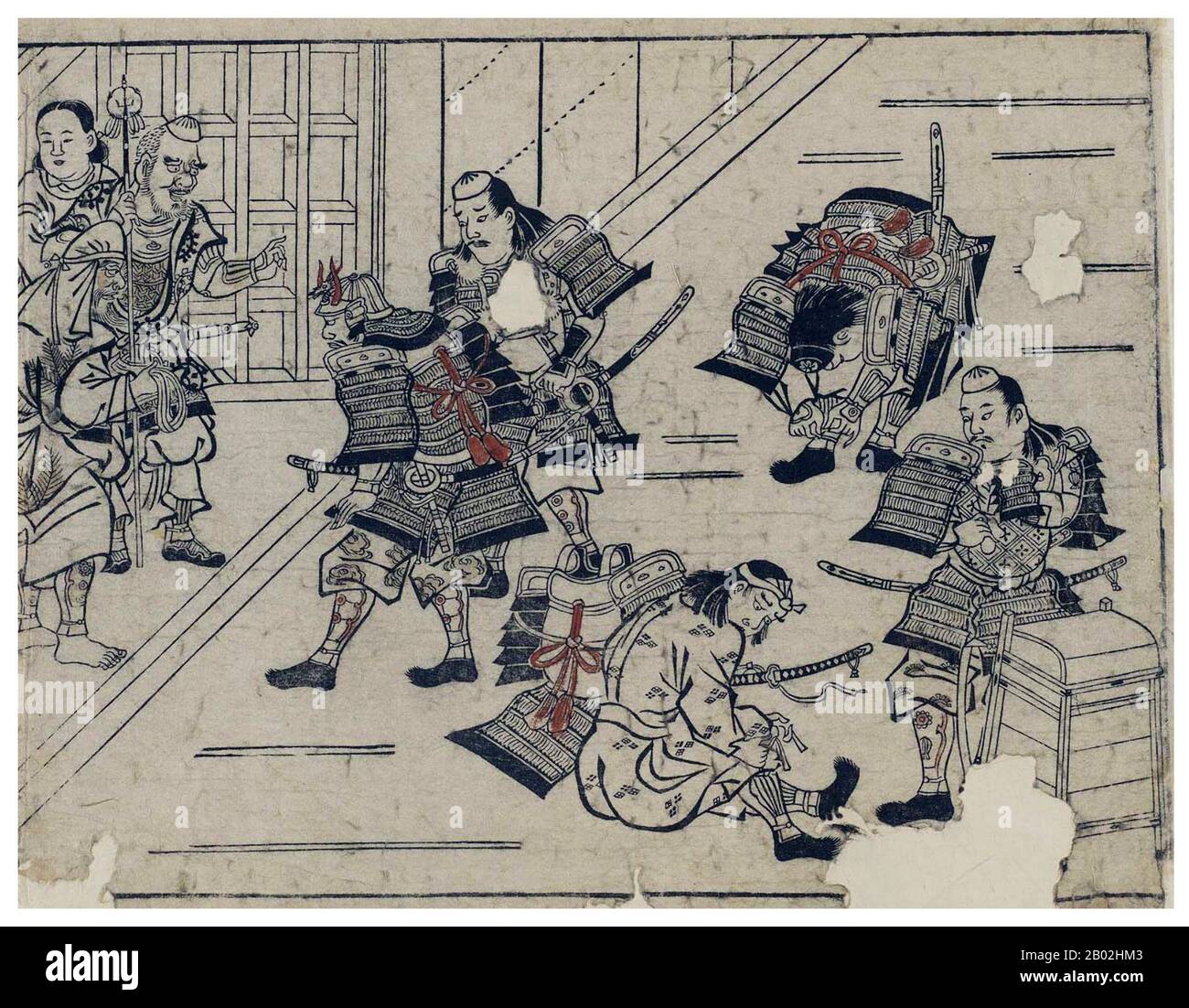Hishikawa Moronobu (japanisch: 菱川 師宣; 1618 - 25. Juli 1694) war ein japanischer Künstler, der dafür bekannt war, dass er das Ukiyo-e-Genre der Holzschnitte und Gemälde im späten 17. Jahrhundert bekannt machte. Stockfoto