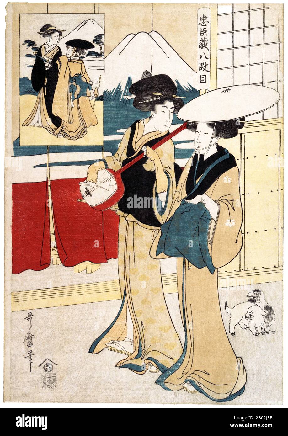 Japan: Tonase und Konami, zwei Tori-oi (鳥追い), oder umherziehende Musikerinnen mit einer Shamisen. Chusingura Act 8. Kitagawa Utamaro (ca. 1753 bis 31. Oktober 1806), 1801. Kitagawa Utamaro war ein japanischer Druckmacher und Maler, der als einer der größten Künstler von Holzblockdrucken gilt (Ukiyo-e). Er ist vor allem bekannt für seine meisterhaft zusammengestellten Studien über Frauen, bekannt als Bijinga. Er produzierte auch Naturstudien, insbesondere illustrierte Bücher über Insekten. Stockfoto