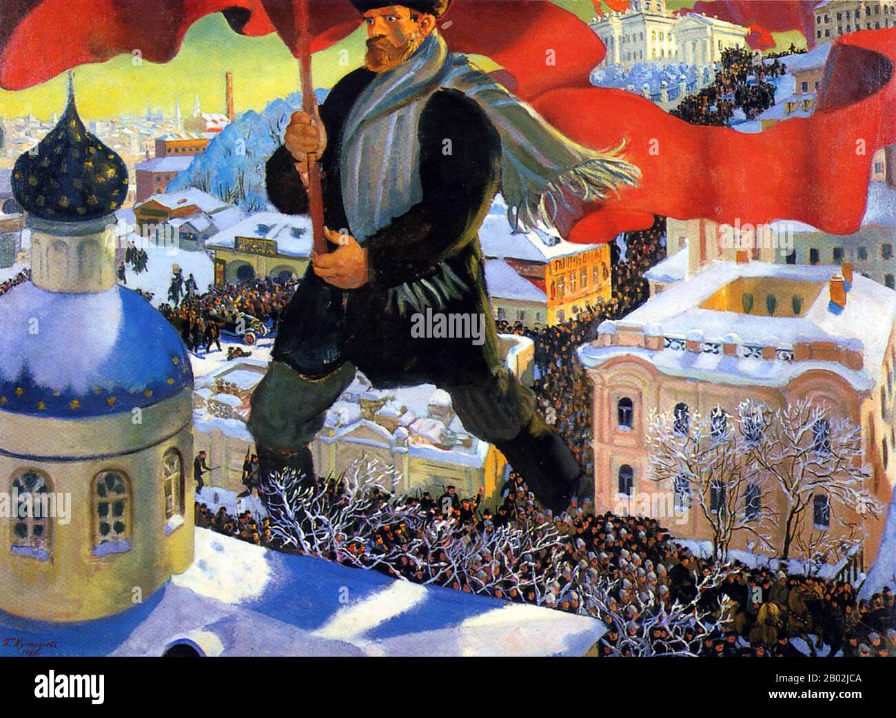 Die Bolschewiki, abgeleitet von bol'shinstvo, 'majority', waren eine Fraktion der marxistischen Sozialdemokratischen Arbeiterpartei Russlands (RSDLP), die sich auf dem Zweiten Parteitag 1903 von der Menshevik-Fraktion abspaltete. Die Bolschewiki waren die Mehrheitsfraktion in einer entscheidenden Abstimmung, daher ihr Name. Sie wurden schließlich zur Kommunistischen Partei der Sowjetunion. Die Bolschewiki kamen in Russland während der Oktoberrevolution der russischen Revolution von 1917 an die Macht und gründeten die Russische Föderative Sozialistische Sowjetrepublik, die später zum Hauptbestandteil der Sowjetunion im 1 Stockfoto